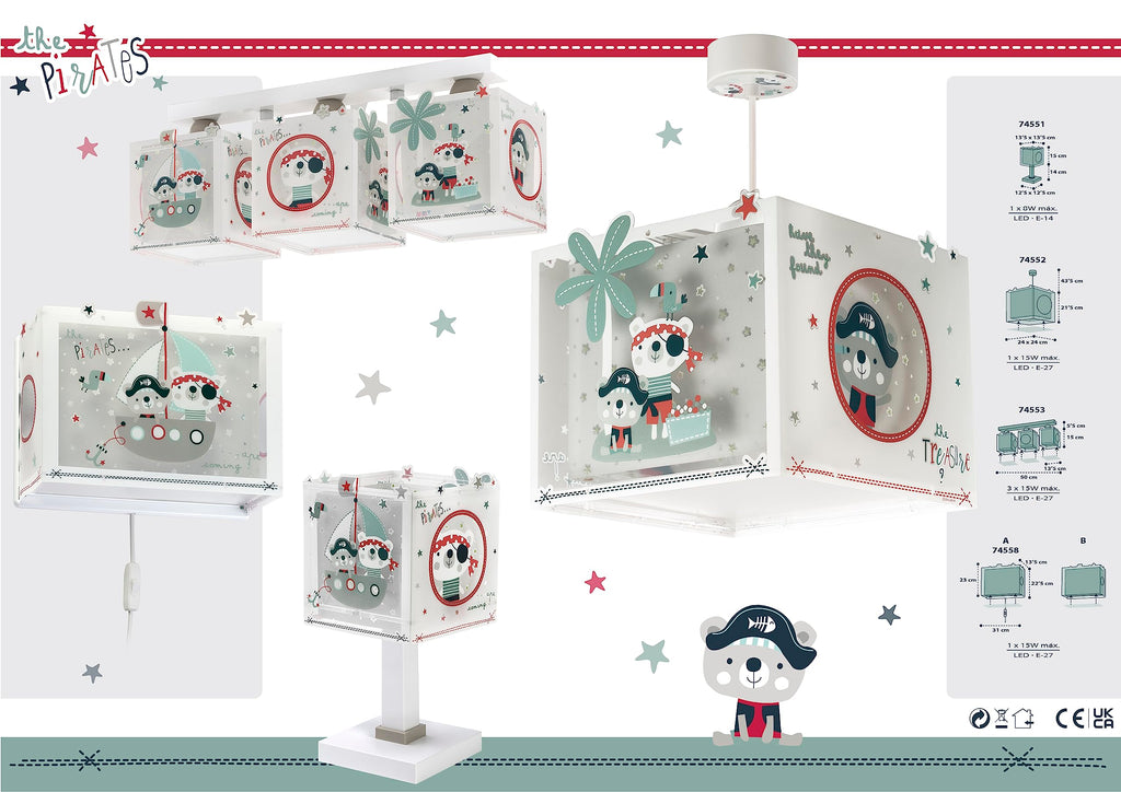 Dalber Kinder Tischlampe Nachttischlampe Piraten The Pirates Tiere, Grau, 14 x 14 x 29 cm