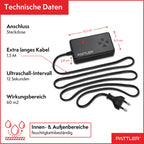 PATTLER ® Marderschreck Auto mit Stecker - für 60m². Marderschreck für Dachboden, Haus, Garten, Garage. Anschluss an Steckdose. Marderabwehr Dachboden mit Ultraschall - 1 Stück