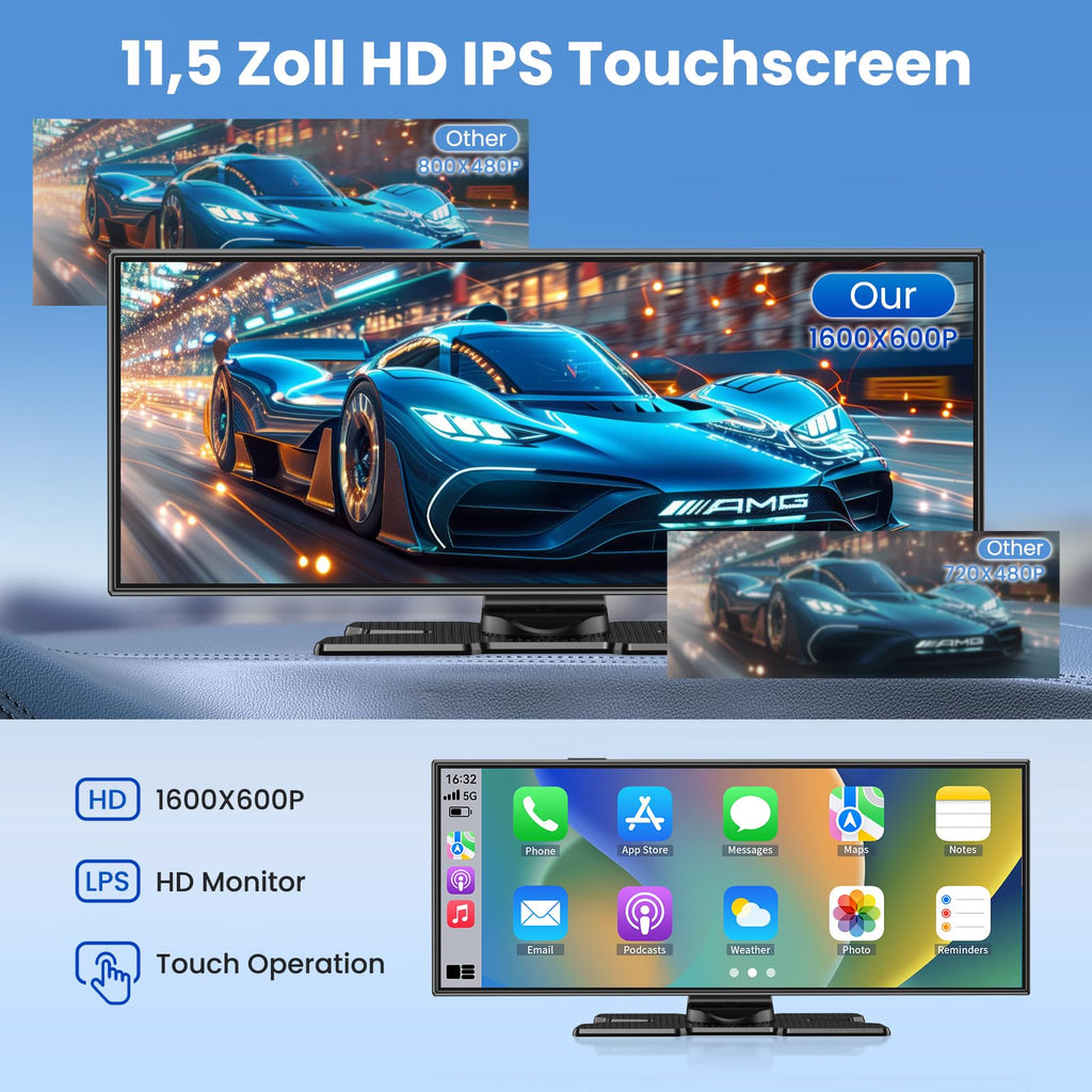 11.5 Zoll Carplay Display Android Auto Display,Car Play IPS Touch Screen Kabelloses Carplay Android Auto Bildschirm mit AUX/FM,4K DashCam,1080P Rückfahrkamera,Mirror Link,Bluetooth für alle Fahrzeuge