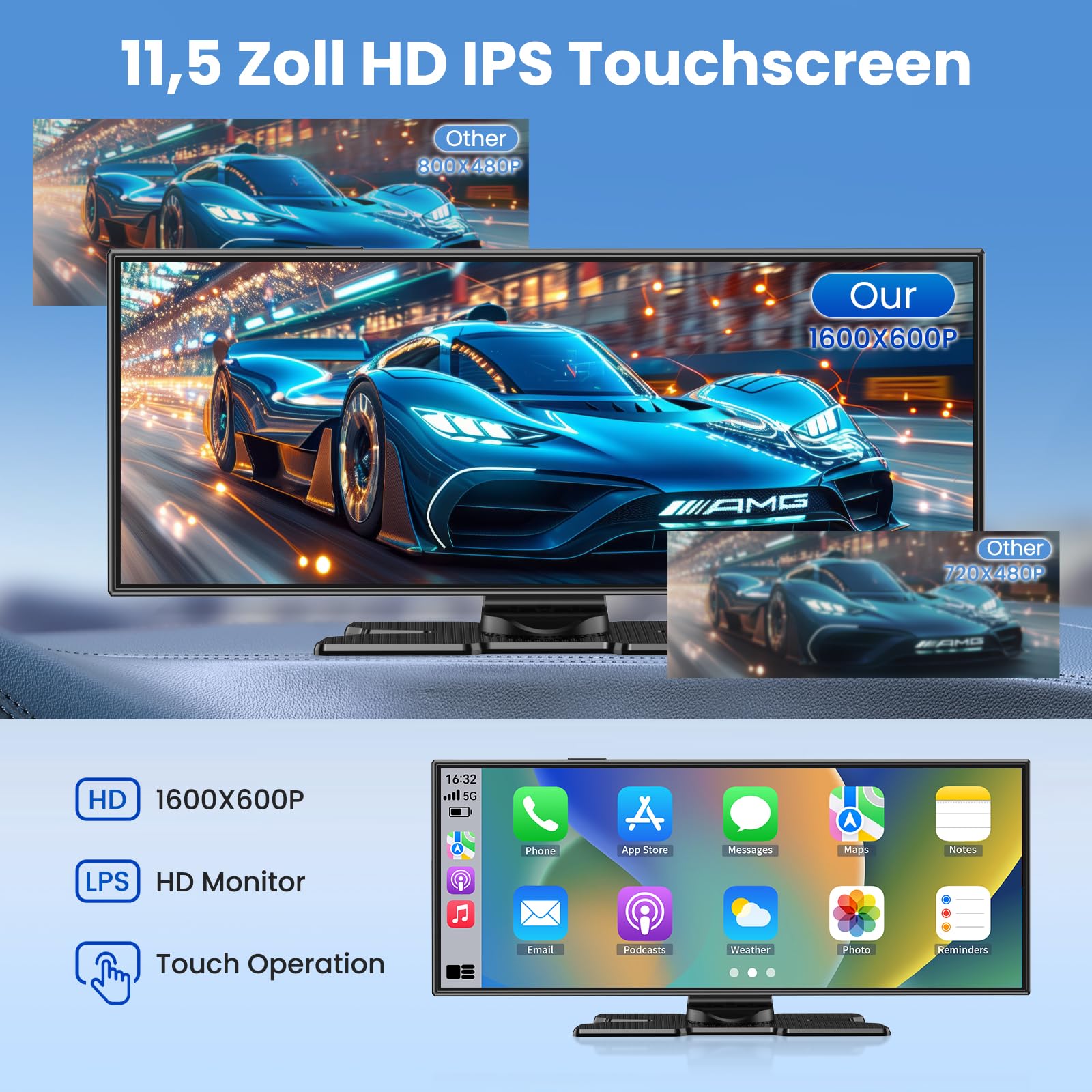 11.5 Zoll Carplay Display Android Auto Display,Car Play IPS Touch Screen Kabelloses Carplay Android Auto Bildschirm mit AUX/FM,4K DashCam,1080P Rückfahrkamera,Mirror Link,Bluetooth für alle Fahrzeuge
