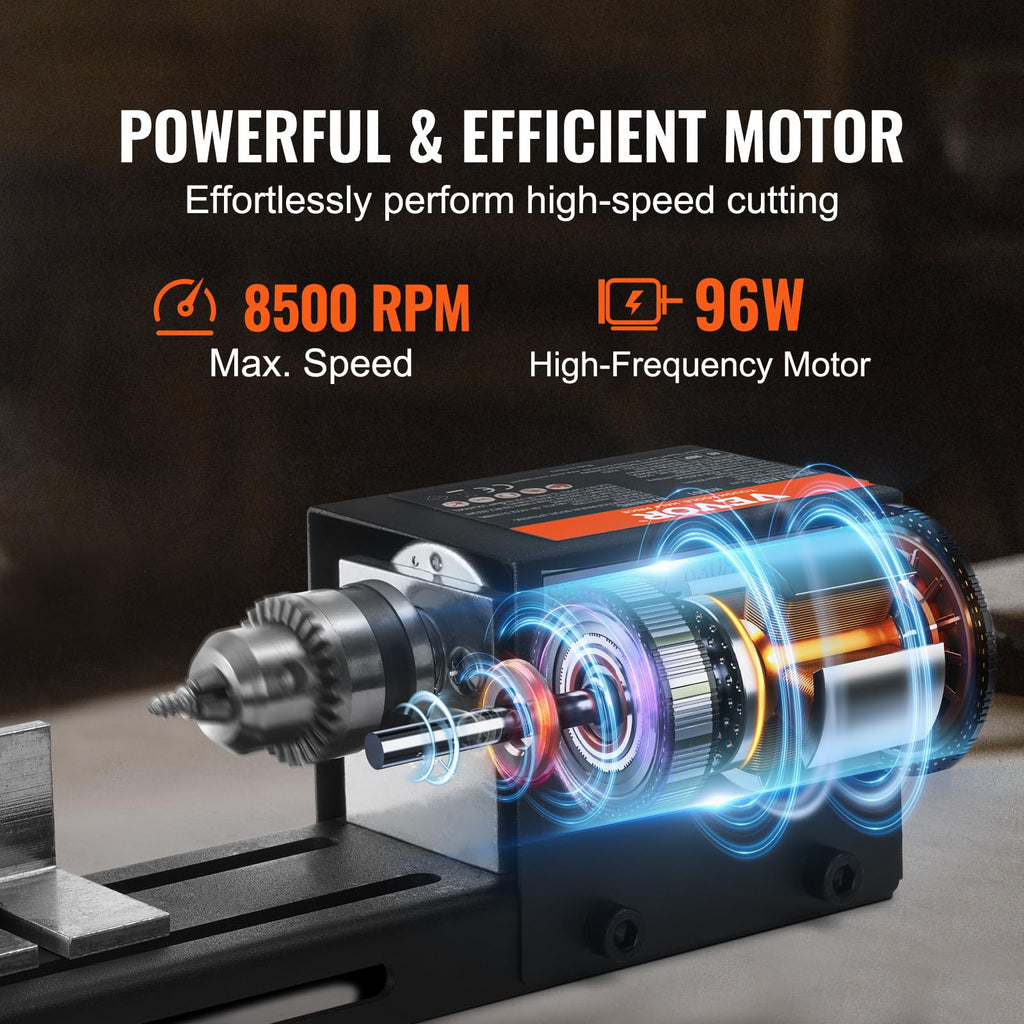 VEVOR Mini Drehbank 96W Drechselbank Max. Drehdurchmesser 70mm Drechselmaschine Spindeldrehzahl 4250–8500U/min Kopierdrechselbank mit 7-Gang-Einstellung Drehbank mit komplettem Zubehör