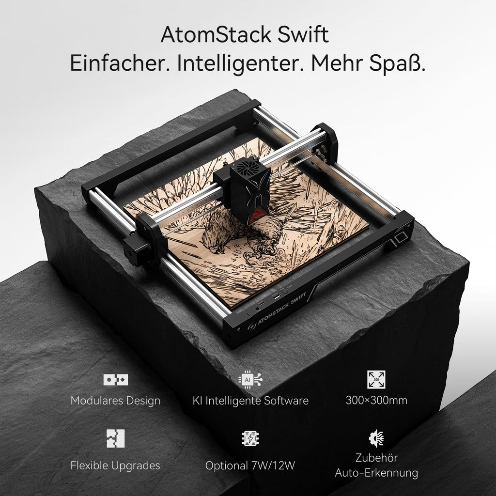 ATOMSTACK 12 W Laser graviermaschine, Gravurfläche 300 × 300 mm, Swift 12 W Serie Laserschneider, 0,01 mm hochpräzise Laser Cutter für Holz und Metall, dunkles Acryl, Leder (Schwarz, Swift-12W)
