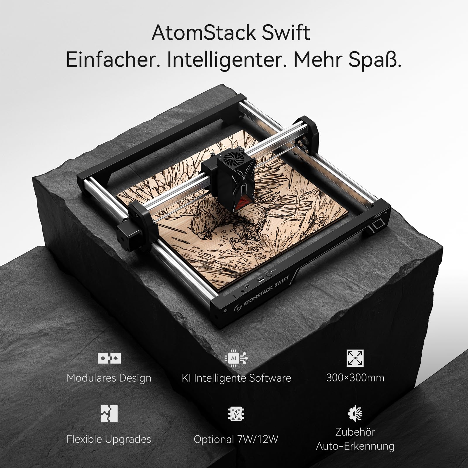 ATOMSTACK 12 W Laser graviermaschine, Gravurfläche 300 × 300 mm, Swift 12 W Serie Laserschneider, 0,01 mm hochpräzise Laser Cutter für Holz und Metall, dunkles Acryl, Leder (Schwarz, Swift-12W)