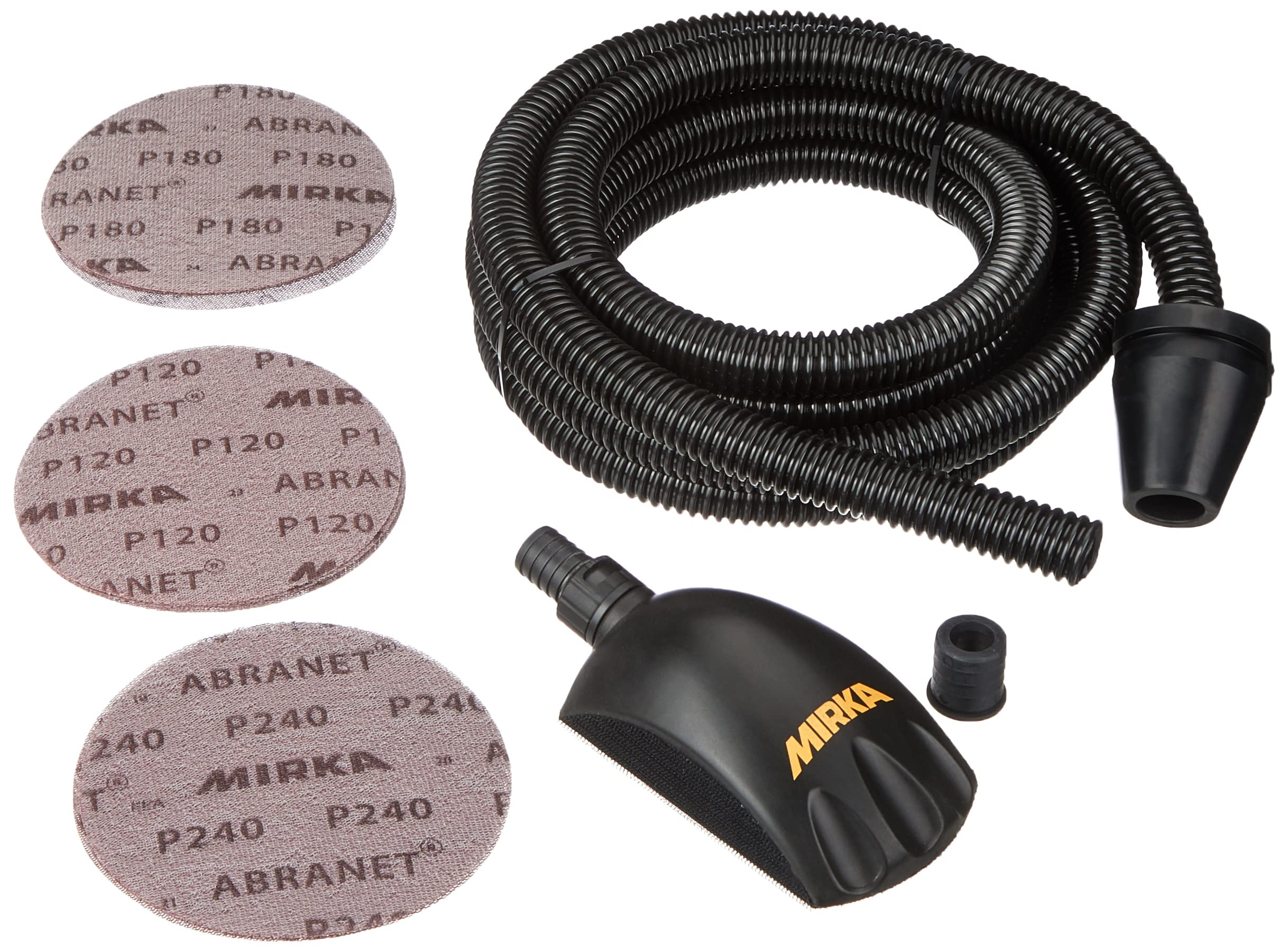 Mirka Roundy Kit Handblock mit Absaugung/Schleifklotz mit Klett inkl. 4m Absaugschlauch & 15 Stück Mirka Abranet Netzschleifscheiben Klett Ø 150mm Korn P120 P180 P240 / KIT00ROUND