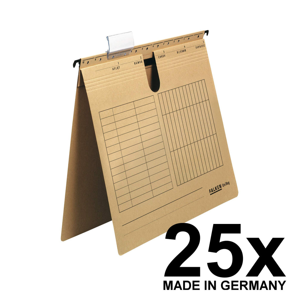 Original Falken 25er Pack Hängehefter UniReg. Made in Germany. Kaufmännische Heftung, aus Recycling-Karton für DIN A4 braun Blauer Engel ideal für die lose Blatt-Ablage im Büro und der Behörde