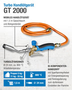 CFH Turbo Handlötgerät GT 2000 - Lötbrenner, Leistungsstarkes Lötgerät zum Hart- und Weichlöten, Gas Lötkolben mit Gasschlauch 1,5 m 3/8“, Arbeitstemperatur von ca. 800 °C