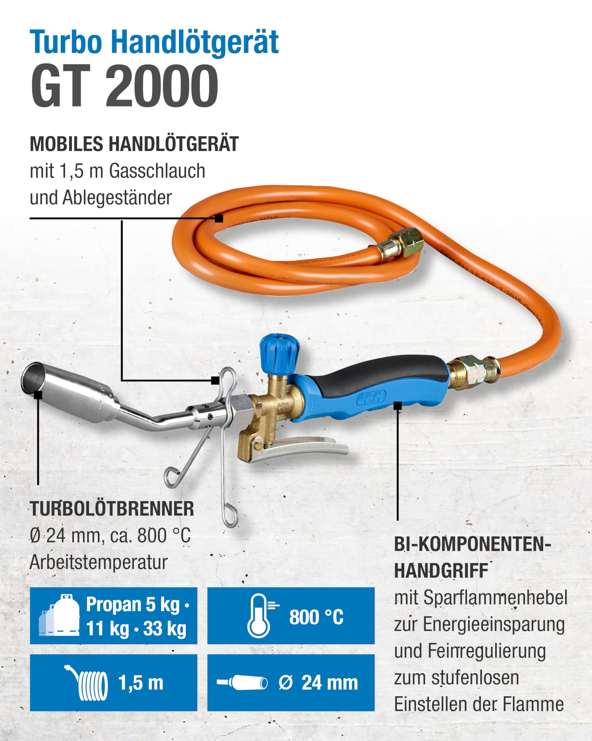CFH Turbo Handlötgerät GT 2000 - Lötbrenner, Leistungsstarkes Lötgerät zum Hart- und Weichlöten, Gas Lötkolben mit Gasschlauch 1,5 m 3/8“, Arbeitstemperatur von ca. 800 °C