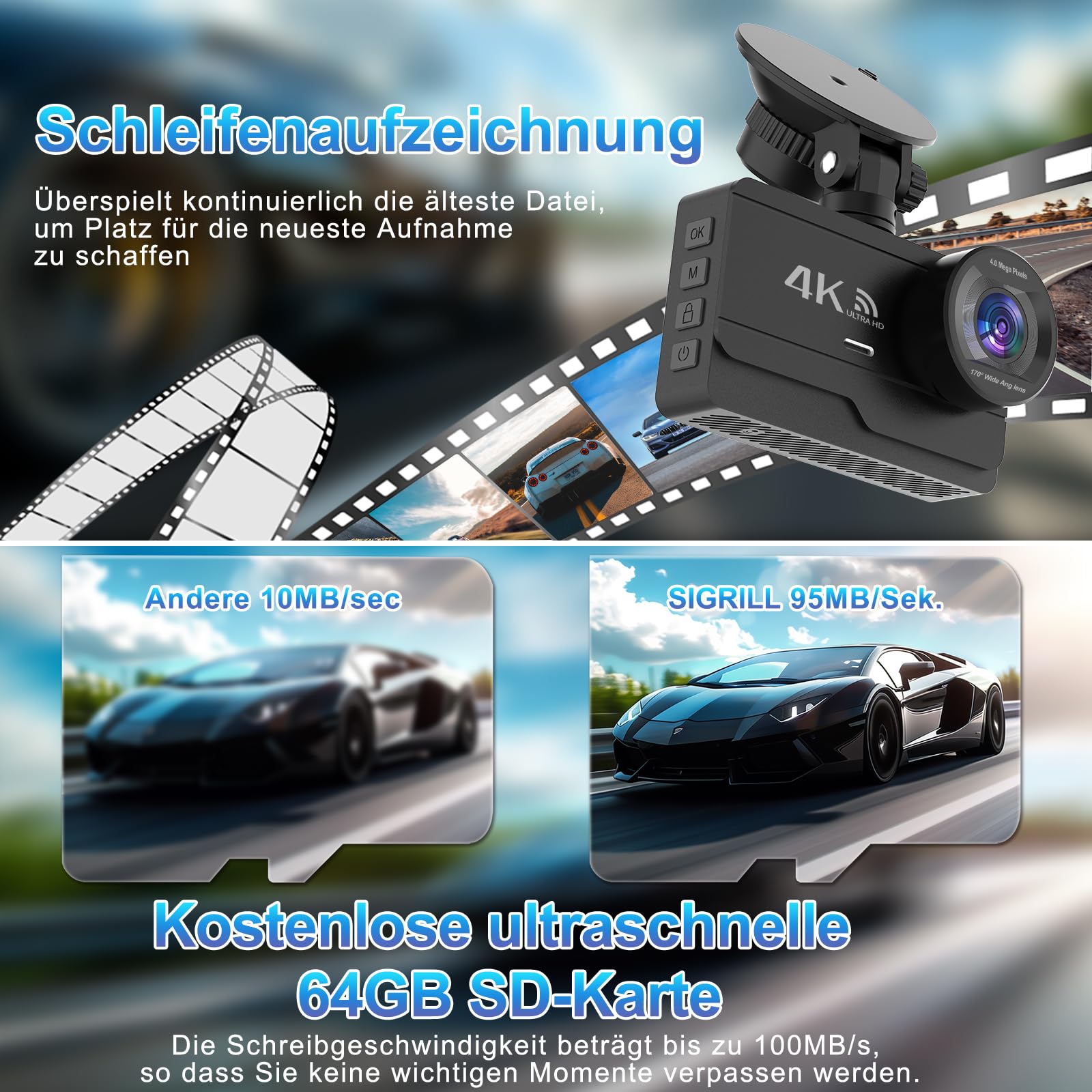 SIGRILL 4K/2K+1080P Dashcam Auto Vorne Hinten,WiFi Dash Cam mit 64GB SD Karte, Dasch-cam Auto Nachtsicht, 170°Weitwinkel WDR, 24/7 Parküberwachung Funktionalität, G-Sensor, Loop-Aufnahme, Max 256GB