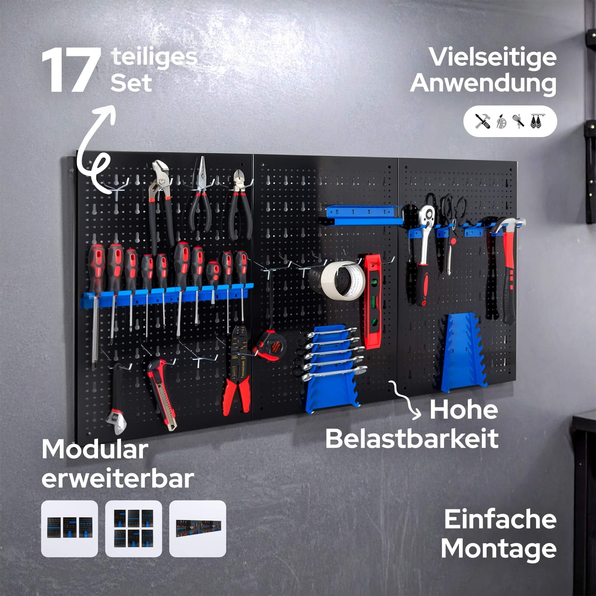 Arebos Werkzeugwand 3-teilige Lochwand Werkstatt | 17-teiliges Hakenset & Halterungen | 117,6 x 59,5 x 2 cm | Werkzeuglochwand aus Metall für Werkstatteinrichtung inkl. Montagematerial | Blau