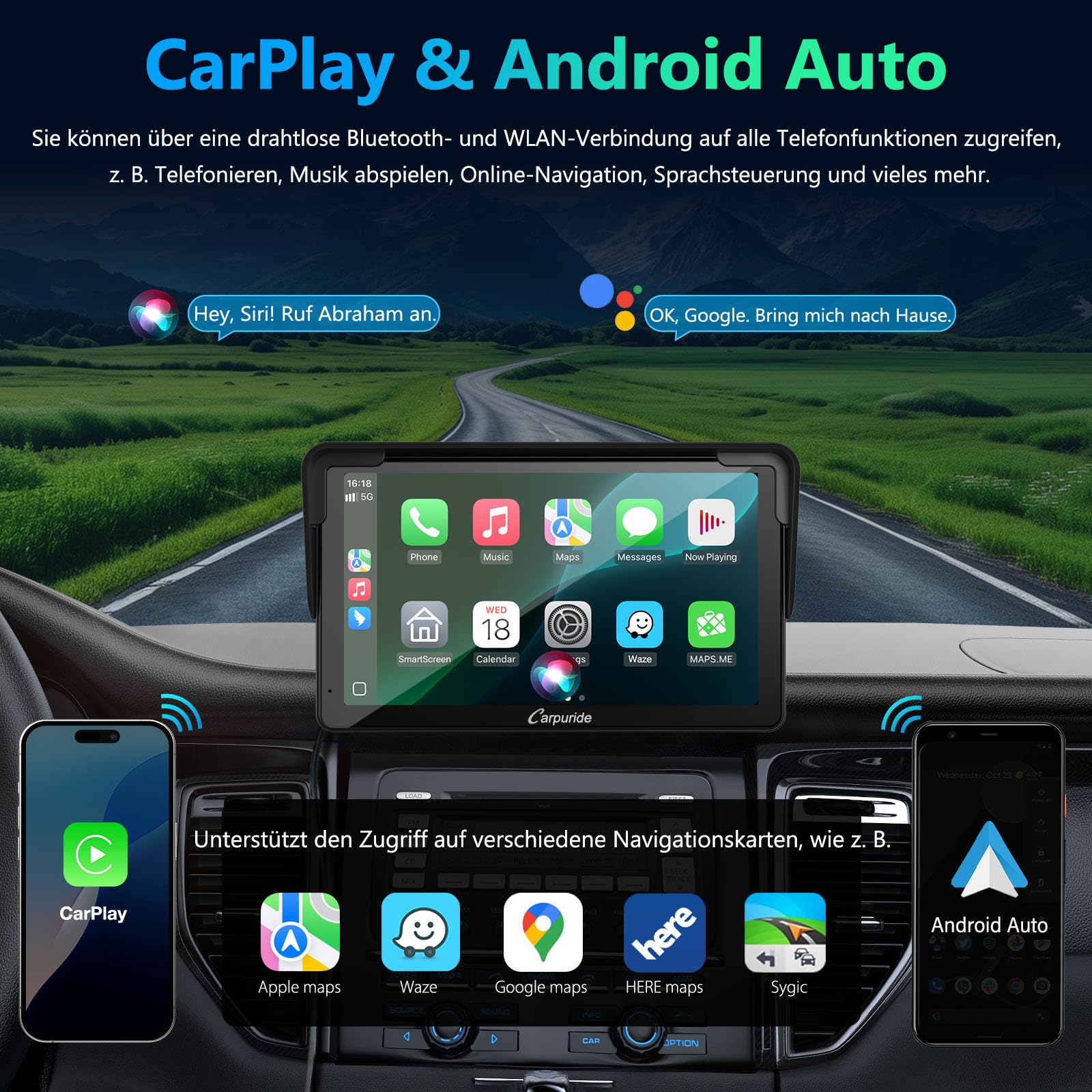Tragbarer Carplay Bildschirm, Carpuride V3R Kabelloses Airplay&Android Auto, 7 Zoll 1080P HD-Touchscreen mit echter 720P-Rückfahrkamera/BT 5.0/Mirror Link/USB-Wiedergabe/Rauschunterdrückungs-Chip AUX