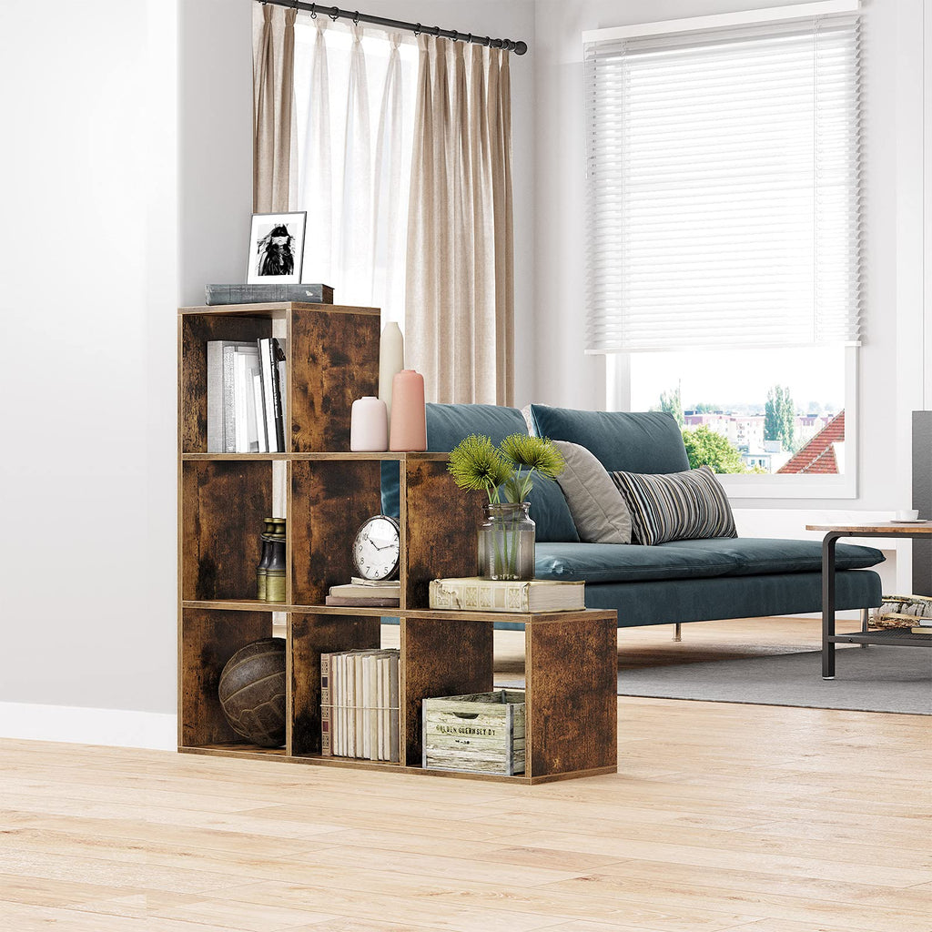 VASAGLE Bücherregal, Treppenregal, Trennwand, Aufbewahrungsmöbel, 6 Fächer, für Büro, Wohnzimmer, Schlafzimmer, rustikales Braun LBC63BX