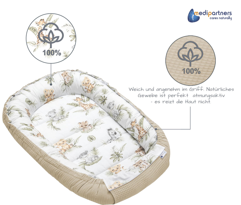 Medi Partners Babynest Nestchen für Neugeborene - 100x60x15 Babynestchen Baby zweiseitg Nest Bett 100% Baumwolle Waffel Kuschelnest tragbar (‎Safari mit beige Waffel)