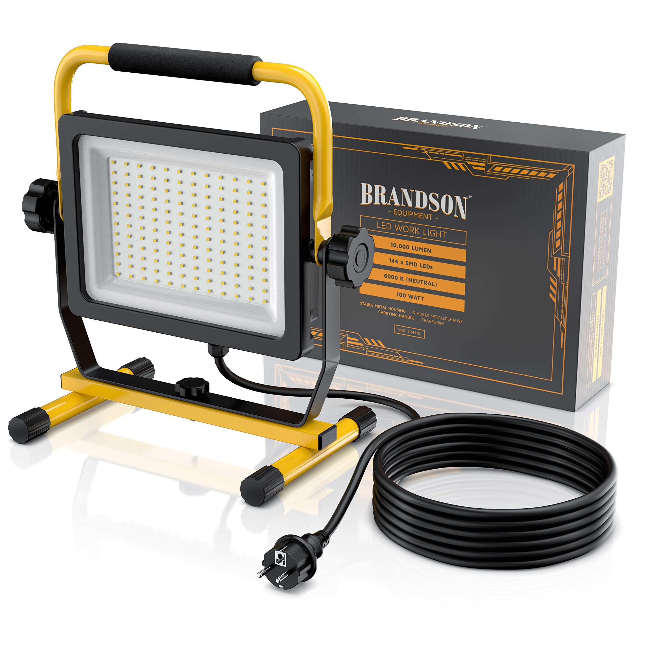 Brandson - 100W LED Baustrahler 144 SMD LEDs – Arbeitsleuchte – Bauscheinwerfer – Baulampe - Tragegriff 6000K – 10000 Lumen – 4 m Stromkabel – Metallgehäuse – IP65