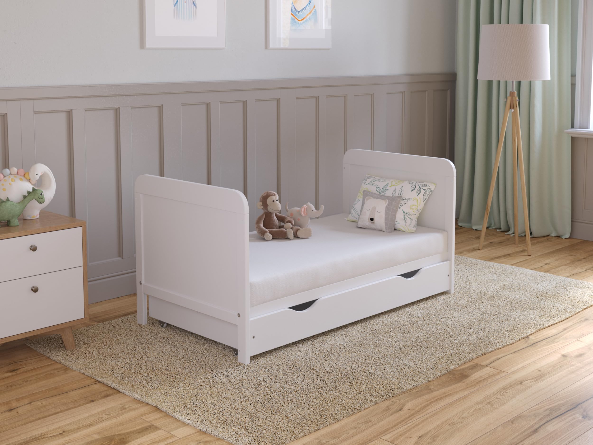 Love For Sleep Babybett Beistellbett 120x60 cm mit Schublade & Matratze - Kinderbett Baby Bett Holz Weiß, Babybett Komplett Set - Kinderbett Babybett Mitwachsend Gitterbett
