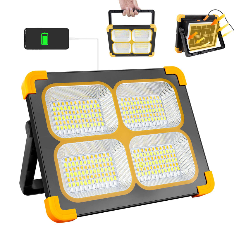 LED Baustrahler Solar 120W, Tragbar Arbeitsstrahler Akku mit 348 LED-Perlen 4 Modi, 10000 Lumen Arbeitsleuchte USB oder Solar Wiederaufladbare Ideal für Camping, Arbeit, Angeln, Schwarz