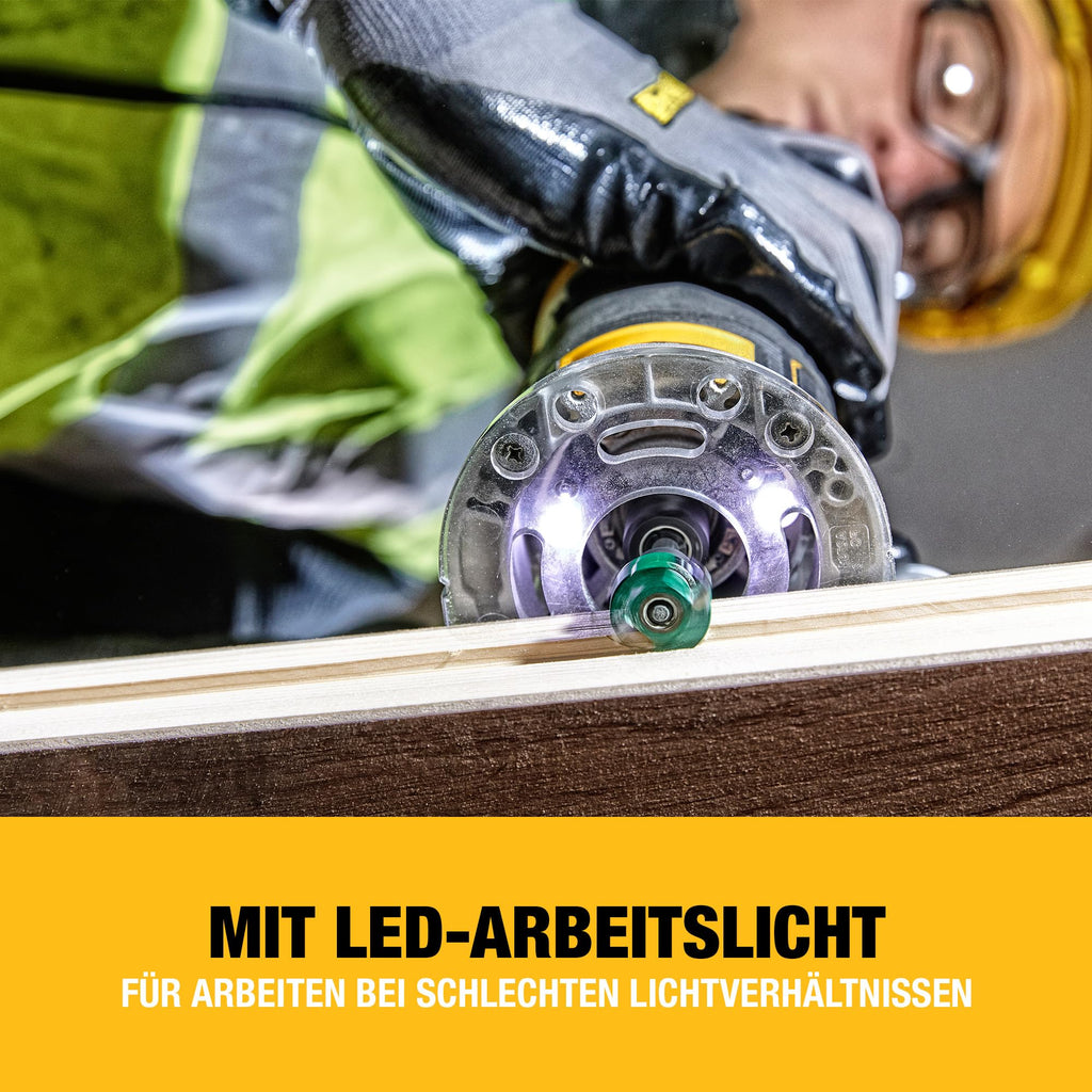 DEWALT 18V Akku-Kombifräse (einsetzbar als Ober- oder Kantenfräse, bürstenloser Motor, 6-8 mm Werkzeugaufnahme, max. Fräs-ø: 36 mm, Fräskorbhub: 55 mm, Lieferung ohne Akku & Ladegerät), DCW604NT-XJ