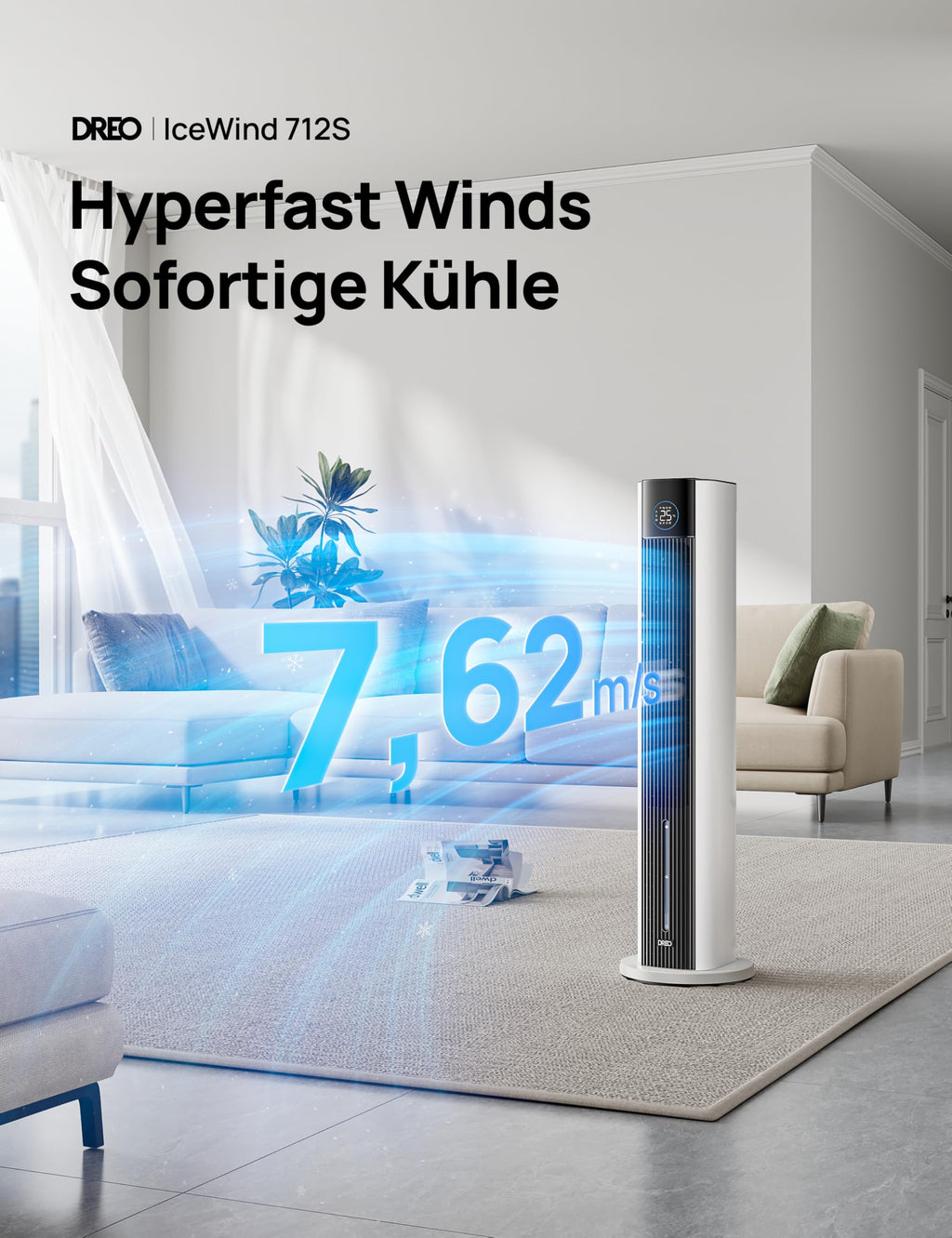 Dreo Turmventilator mit Wasserkühlung, 43” Luftkühler mit Wasserkühlung Leise, 4-Geschwindigkeiten-4-Modi Verdunstungskühler, APP-Steuerung, Eisbeutel, 85° Oszillation, 12-Std. Timer, weiß