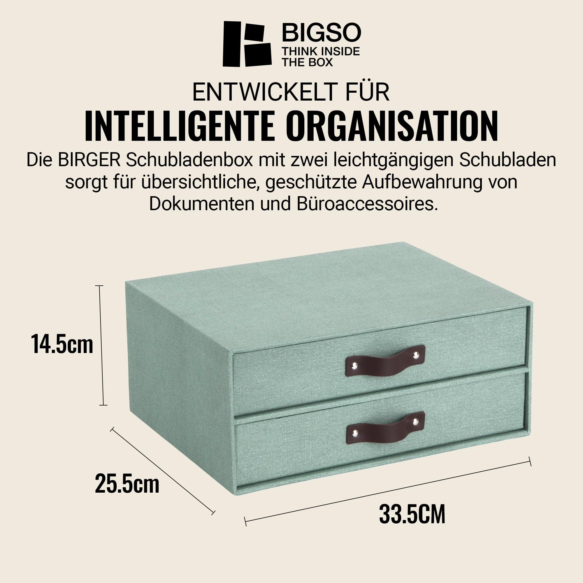 BIGSO BIRGER Schubladenbox – Aufbewahrungsbox mit 2 Schubladen – Schreibtisch Ablage für Dokumente & Bürobedarf – Ablagesystem aus recycelter Faserplatte und Papier – mintgrün