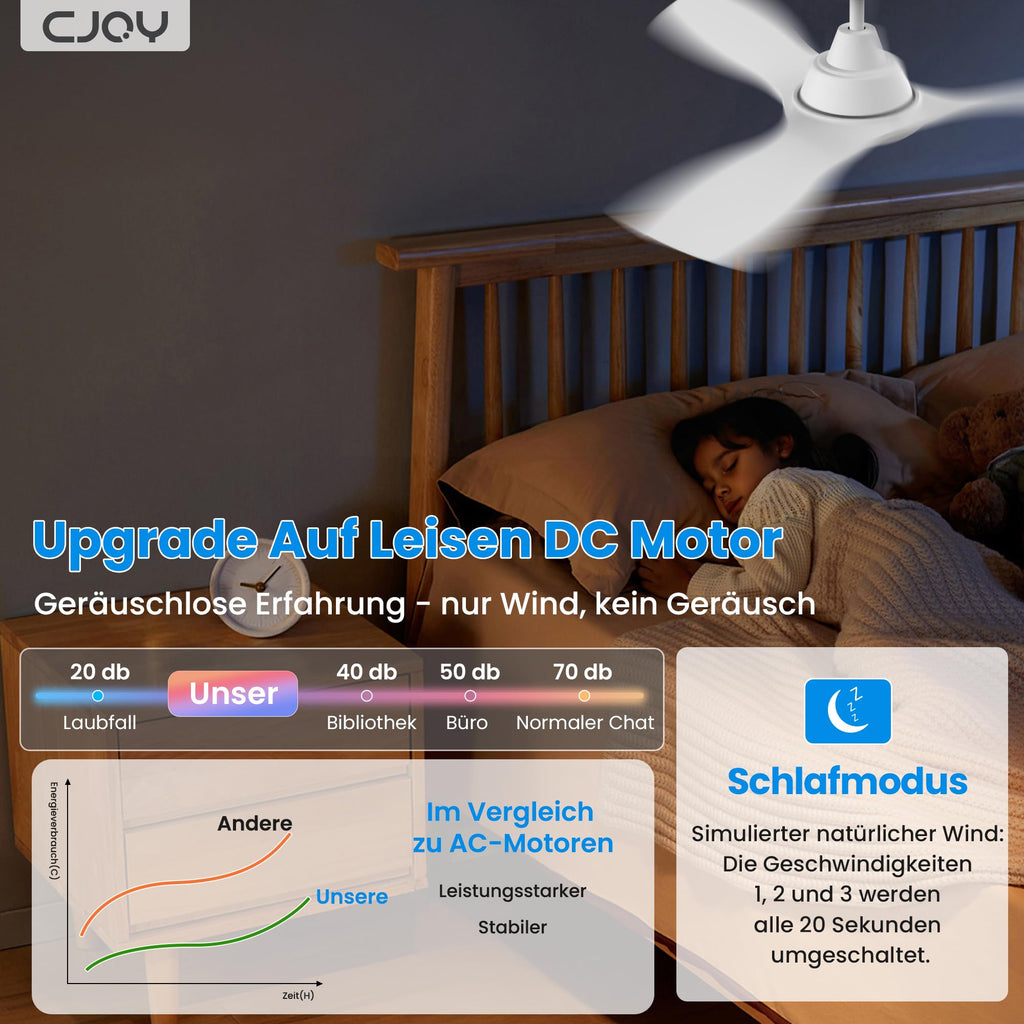 CJOY Deckenventilator mit Beleuchtung, 107 cm Deckenventilator mit Beleuchtung und Fernbedienung Leise, DC Umkehrbar, Speicher 3CCT, Dimmbar, 6 Geschwindigkeiten, Zeitschaltuhr Für Schlafzimmer