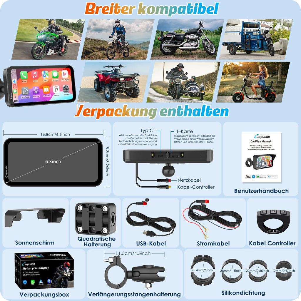 Carpuride W603 Motorrad-Carplay-Bildschirm, Kabelloses CarPlay und Android Auto für Moto, Fernbedienung, 6,3-Zoll-wasserdichter Touchscreen, BT Audio, GPS-Navigation, Siri, G00gle-Assistent