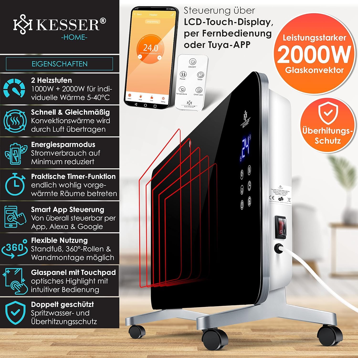 Kesser® Elektro Glasheizung Konvektor Elektroheizung Heizung Heizkörper (Schwarz)