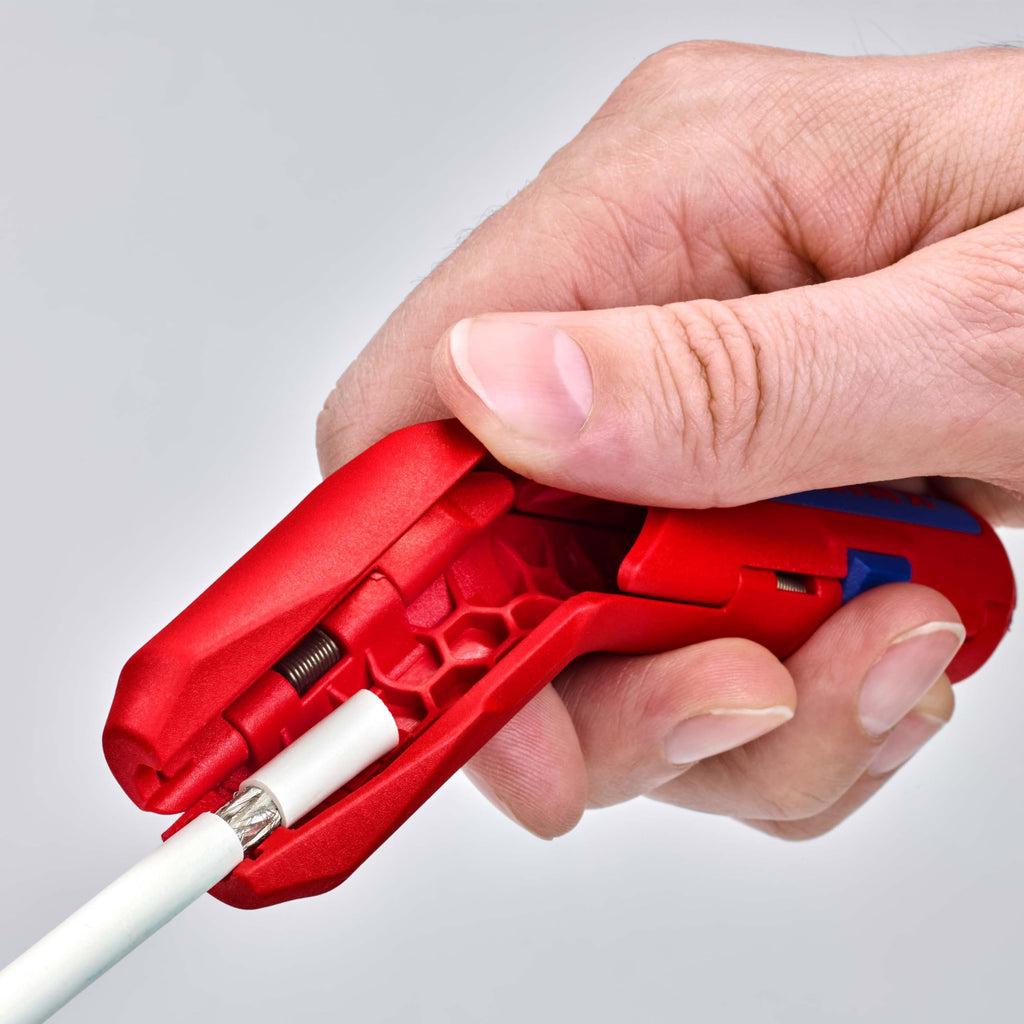 KNIPEX ErgoStrip Universal-Abmantelungswerkzeug für Rechtshänder, 135 mm, NYM-Kabel, Rundkabel, Koaxialkabel, Datenkabel, Abisolierer, 16 95 01 SB
