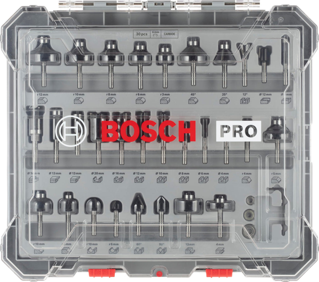 Bosch 30x PRO Fräser-Set gemischt, 30-tlg. (für Weichholz, Hartholz, Ø 4-32 mm, Professional Zubehör Handfräse, Kantenfräse)