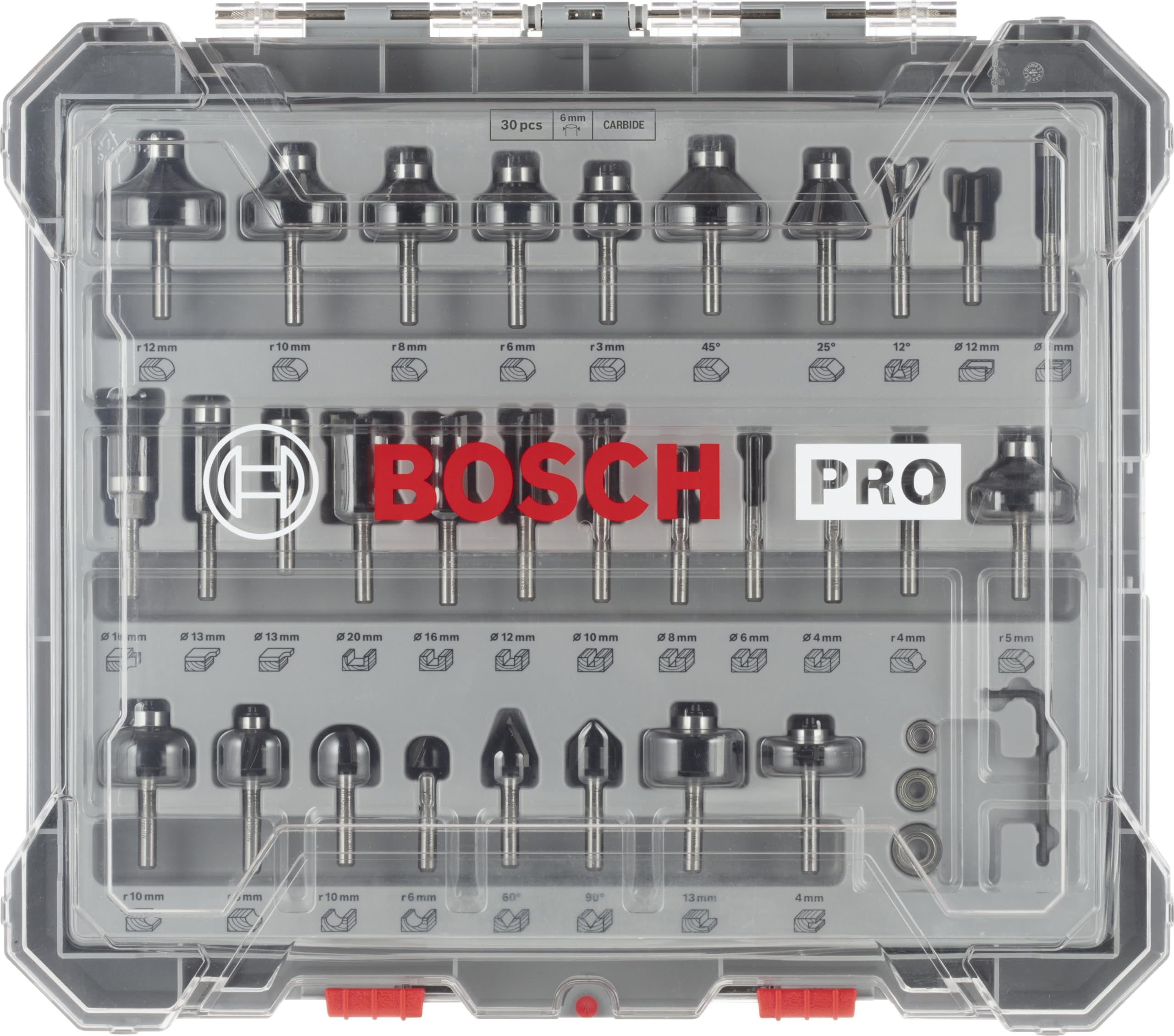 Bosch 30x PRO Fräser-Set gemischt, 30-tlg. (für Weichholz, Hartholz, Ø 4-32 mm, Professional Zubehör Handfräse, Kantenfräse)