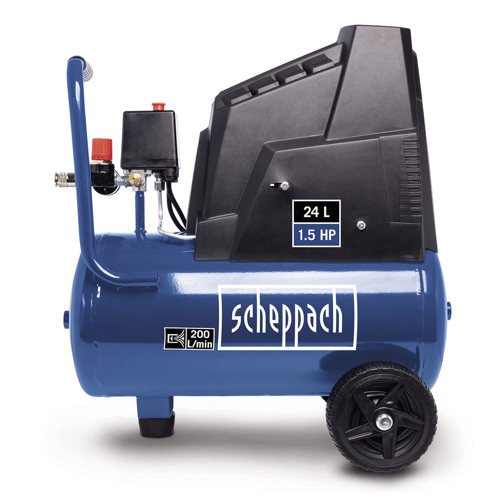 Scheppach Kompressor HC25o (1100W, 24 L,8 bar, Ansaugleistung 165 l/min, Druckminderer, ölfrei) - inkl. 13-teiligem Druckluft-Werkzeug-Set + 5 m Spiralschlauch