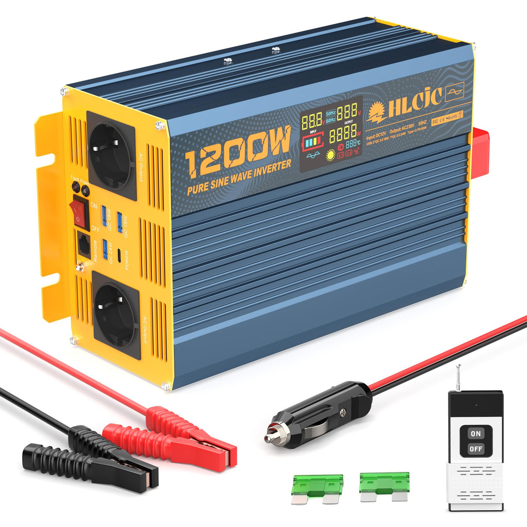 HLCJC Spannungswandler 1200W/2400W Reiner Sinus- Wechselrichter 12V auf 230V, 2X EU Steckdose, mit 1x USB-C, 3xUSB-A Schnellladung, LCD-Anzeige für Wohnmobil LKW KFZ