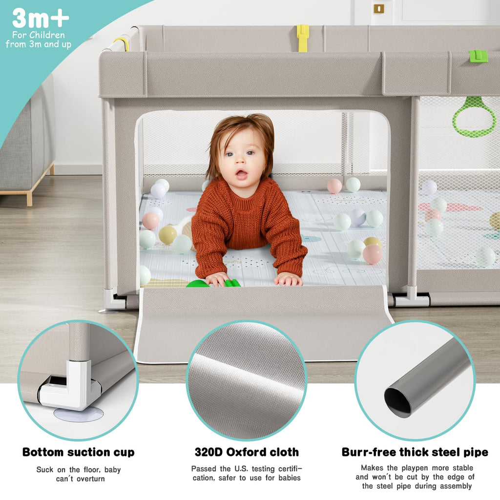 Uanlauo 150x150cm Laufstall mit Spielmatte, XXL Kinder Laufgitter, Innen & Außen Baby-Aktivitätsbereich mit Reißverschlusstür und 4 Ziehringen