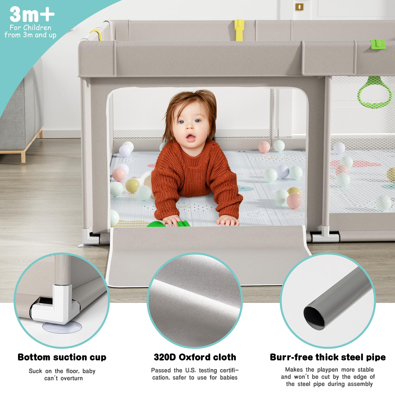 Uanlauo 150x150cm Laufstall mit Spielmatte, XXL Kinder Laufgitter, Innen & Außen Baby-Aktivitätsbereich mit Reißverschlusstür und 4 Ziehringen