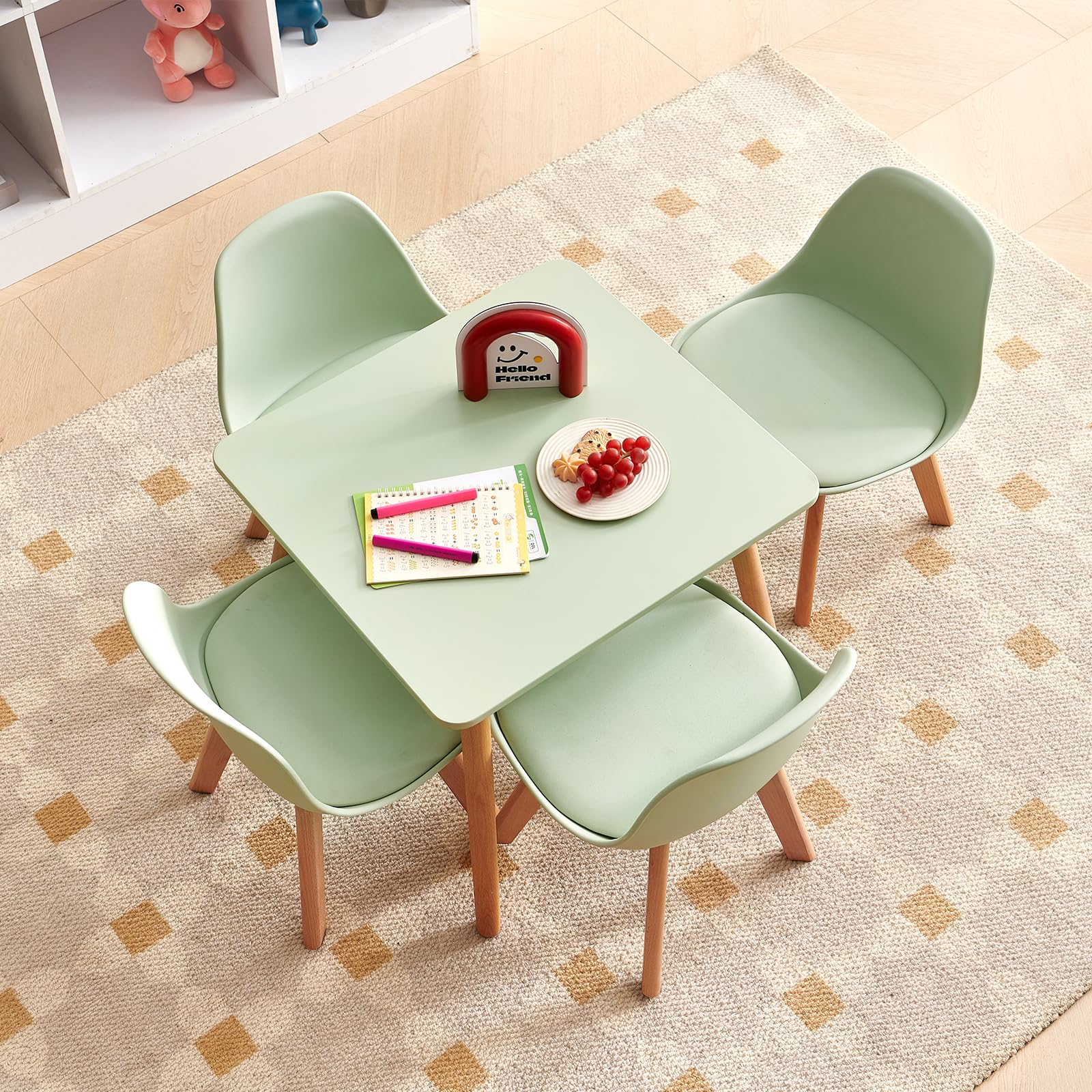 LuxNook Kindertisch mit 2 Stühlen, Kindersitzgruppe, aus FSC nachhaltigem massivem Buchenholz, 1 bis 6 Jahre Kinder, Kindermöbel für Kinderzimmer, Kindergärten, grün