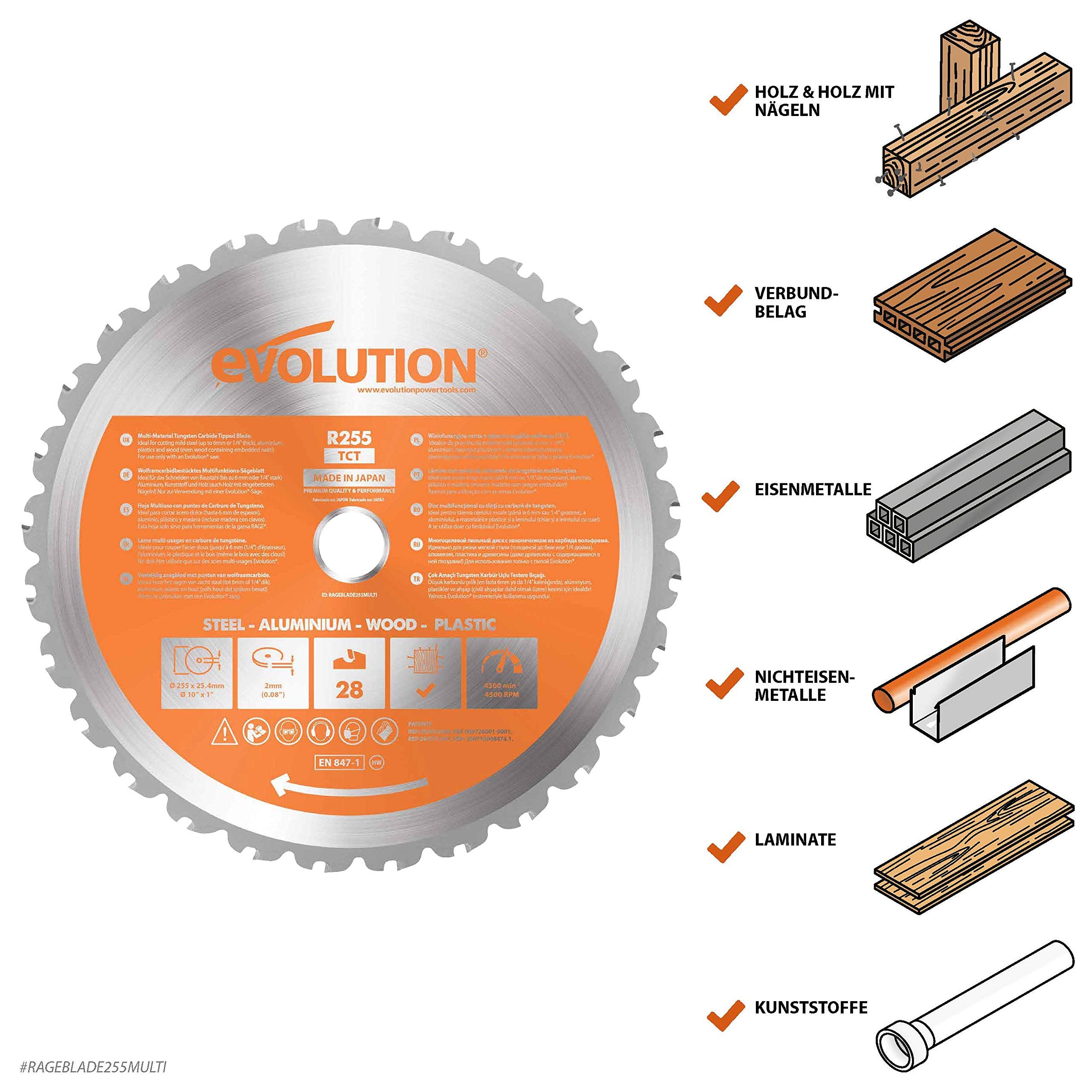 Evolution Power Tools R255TCT zaagblad met 28 tanden en met een uiteinde van carbide voor meerdere materialen - zaagt hout, metaal, kunststof en meer, 255 mm