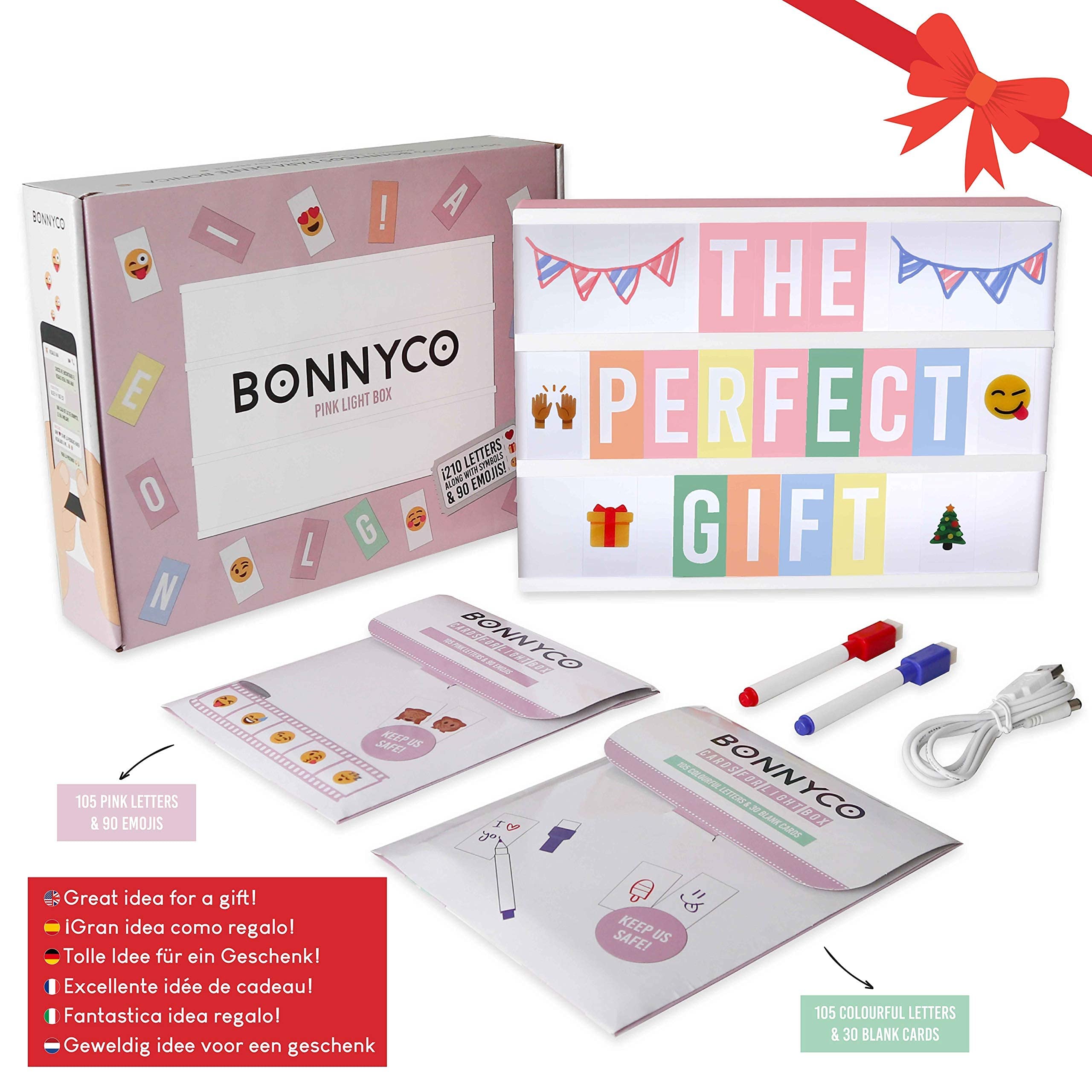BONNYCO Light Box Rosa A4 mit 400 Buchstaben, Emojis, 2 Stifte, USB, Ä Ö Ü ß Enhalten. Pink Led Lightbox Buchstaben Geschenk für Frauen, Mädchen. Led Leuchtkasten Kinder Schlafzimmer, Wohnzimmer Deko