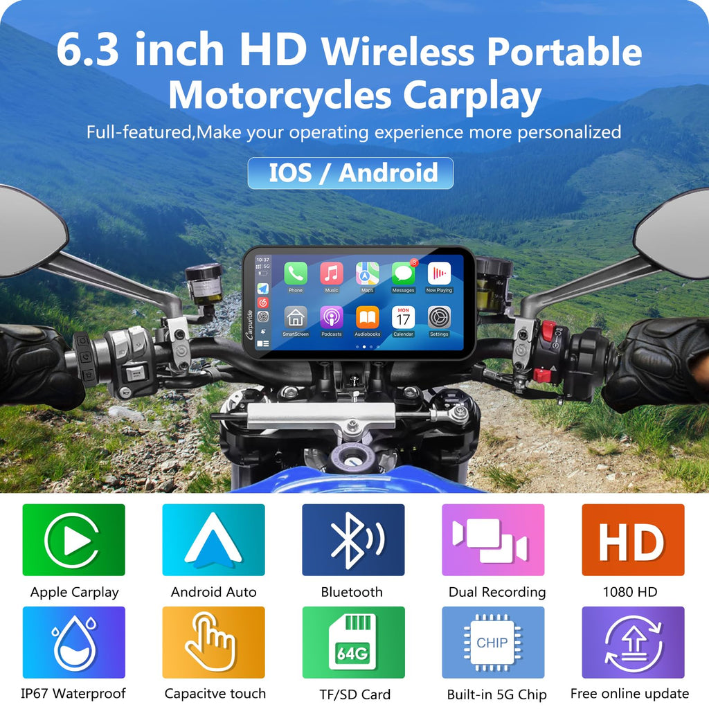 Carpuride W603D, 6,3-Zoll Motorrad-GPS-Carplay-Bildschirm, Kabelloses CarPlay und Android Auto für Moto, mit Doppelkameras, Fernbedienung, IP67 Wasserdichtem, BT Aduio, Loop-Aufnahme