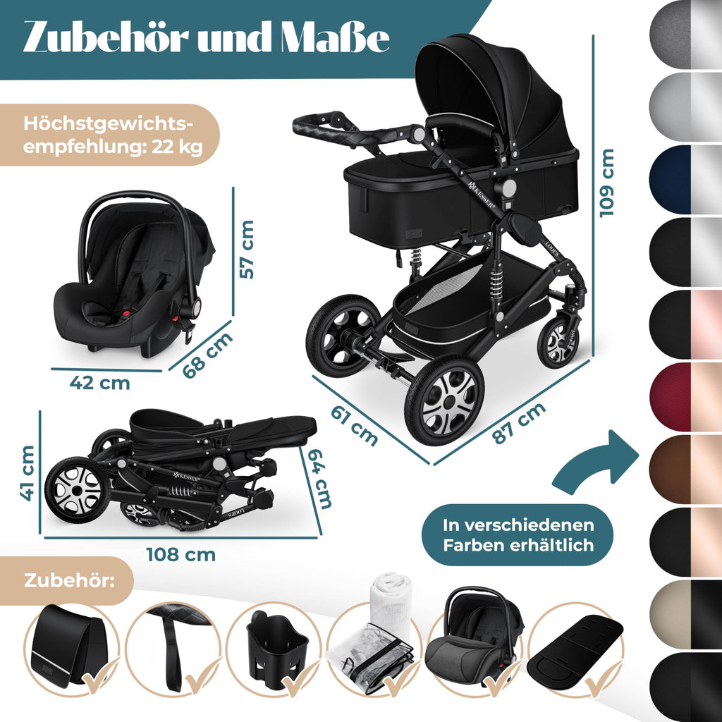 KESSER® Loops 4 in 1 Kinderwagen Kombikinderwagen Komplett-Set inkl. Babywanne & Buggy Sportsitz & Auto-Babyschale Voll-Gummireifen Wickeltasche Regenschutz Kindertisch ECE R129, Schwarz/Schwarz