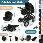 KESSER® Loops 4 in 1 Kinderwagen Kombikinderwagen Komplett-Set inkl. Babywanne & Buggy Sportsitz & Auto-Babyschale Voll-Gummireifen Wickeltasche Regenschutz Kindertisch ECE R129, Schwarz/Schwarz
