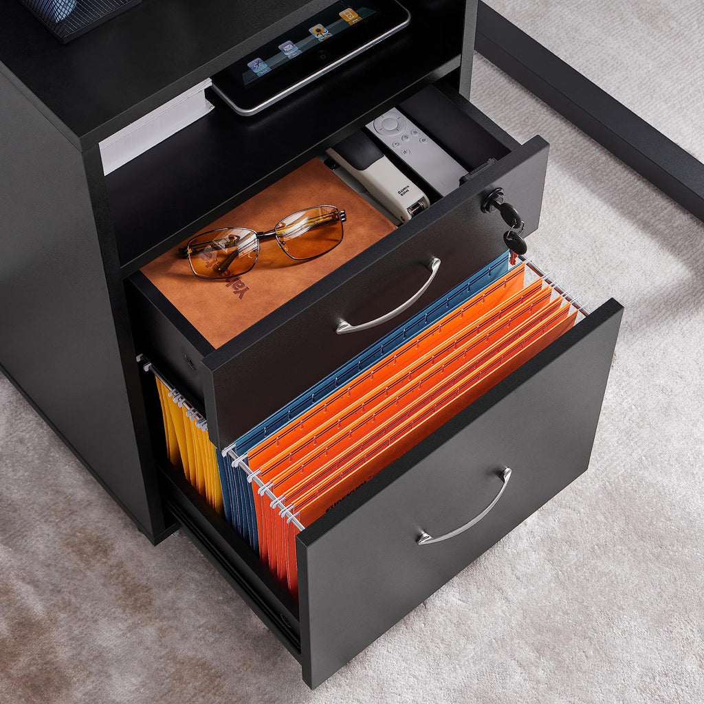 Yaheetech Rollcontainer mit 2 schubladen, Aktenschrank, mobiler Büroschrank mit offenen Fächern, hängenden Aktenfächern, für A4 und Letter-Format, für Büro, Schlafzimmer, Wohnzimmer Schwarz