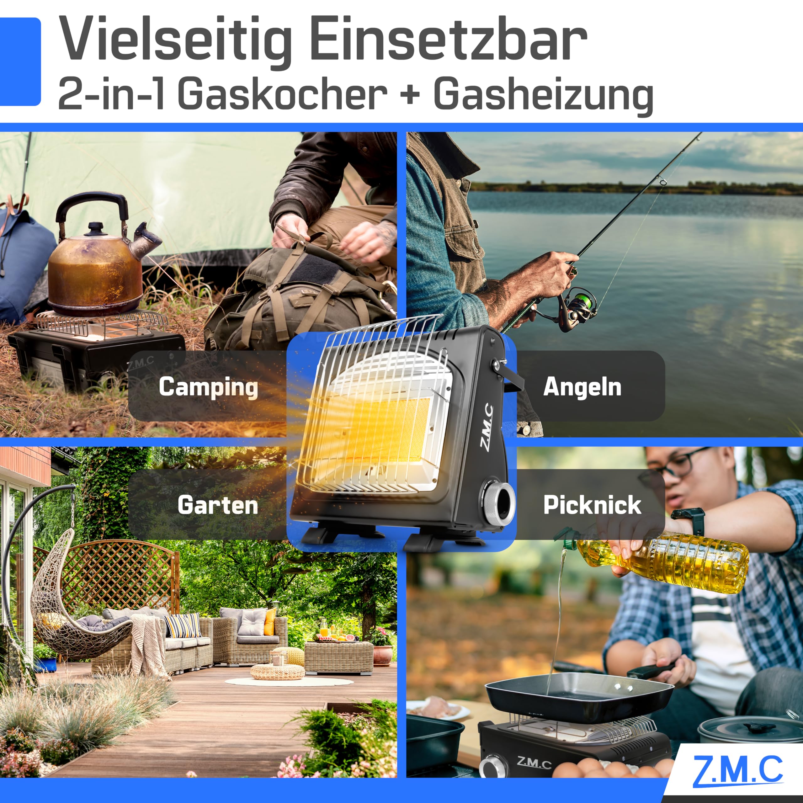 Z.M.C 2-in-1 Tragbare Gasheizung und Gaskocher + 16 Gaskartuschen 227g, multifunktionale Keramikheizung, Camping Heizung 1,7 kW, Gasheizer für Outdoor, Balkon, mobile Heizstrahler mit Piezozündung