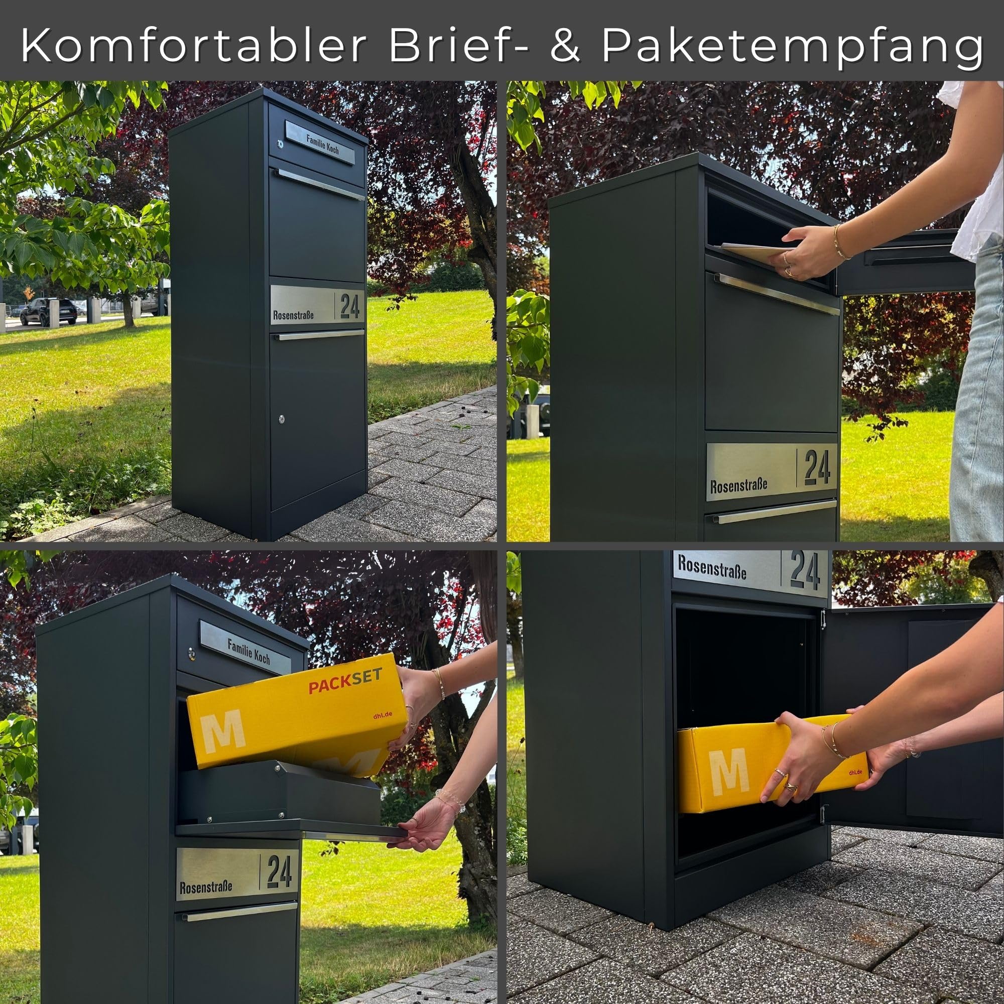 Metzler Paketbox, Briefkasten mit großem Paketfach in Anthrazit, personalisierte Paketbox für draußen, Standbriefkasten mit Paketfach, Paketkasten, Postbox mit Gravur, rostfrei und massiv - Bispo 2