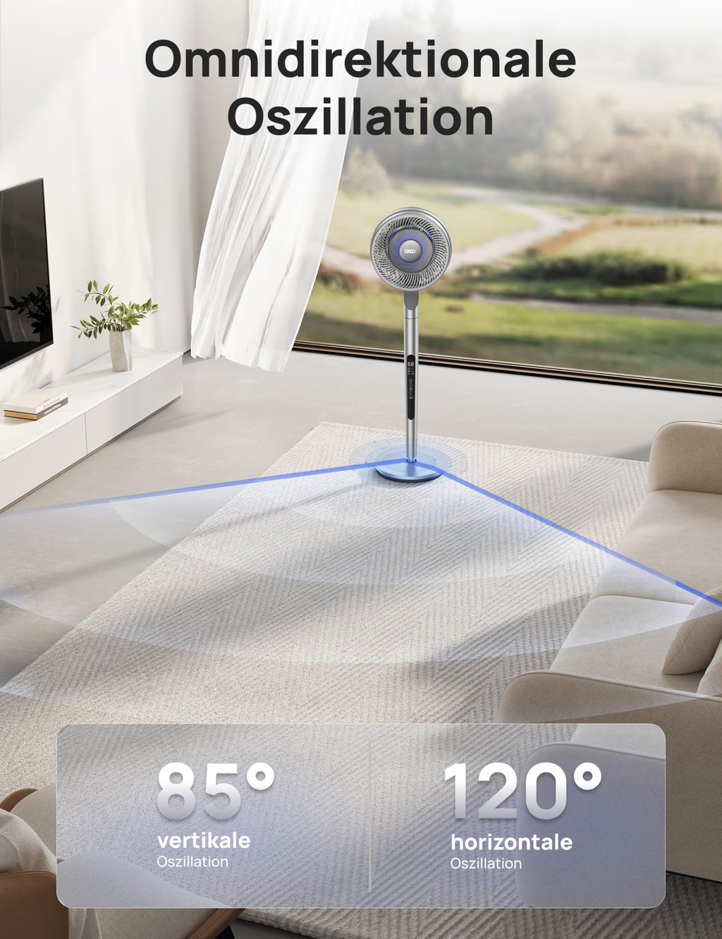 Dreo Standventilator mit intelligenter Steuerung, 101,6–111,8 cm höhenverstellbar, DC leiser Ventilator für Schlafzimmer, 120°+85° omnidirektionaler oszillierender Ventilator, 30,5 m Luftstrom, 10