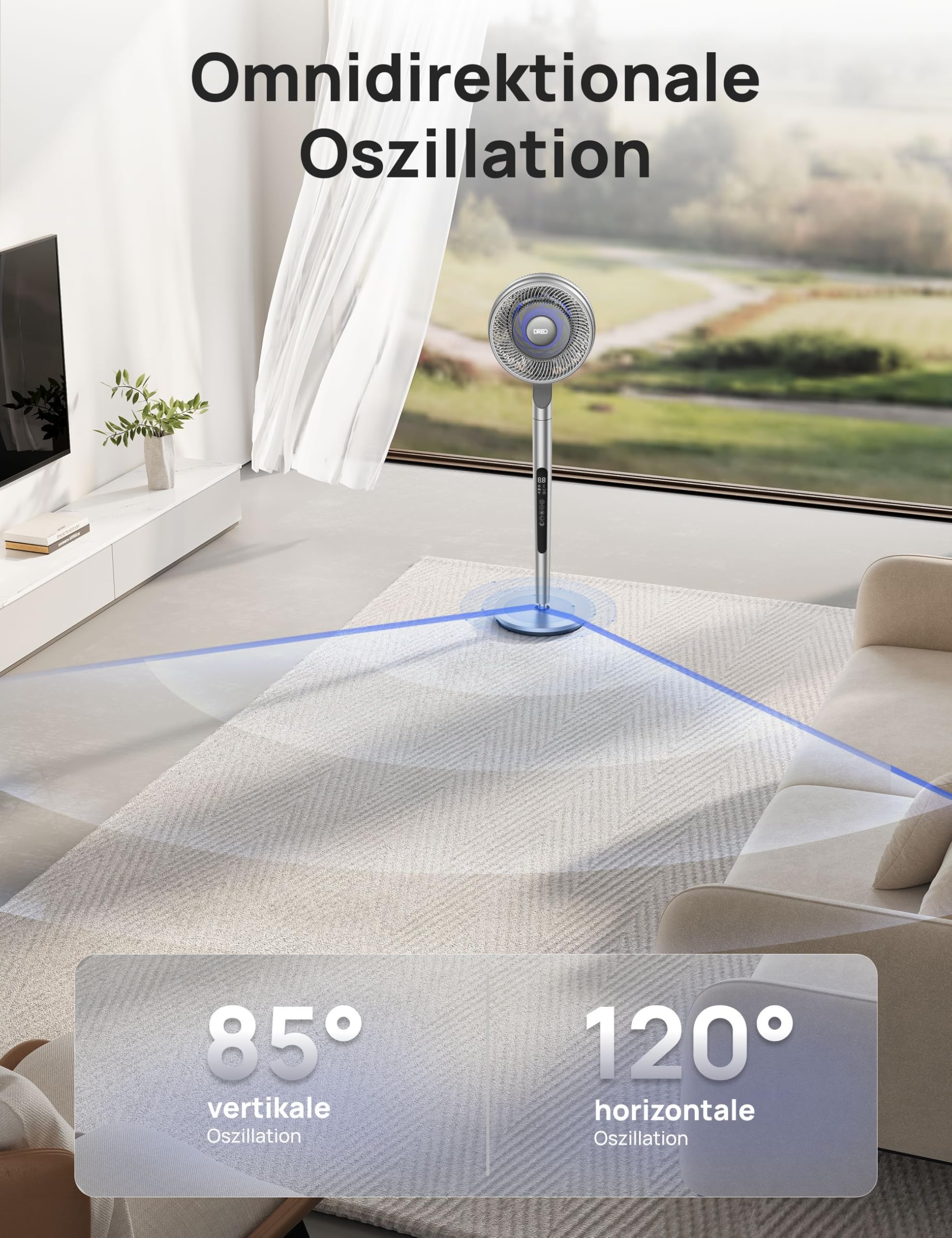 Dreo Standventilator mit intelligenter Steuerung, 101,6–111,8 cm höhenverstellbar, DC leiser Ventilator für Schlafzimmer, 120°+85° omnidirektionaler oszillierender Ventilator, 30,5 m Luftstrom, 10