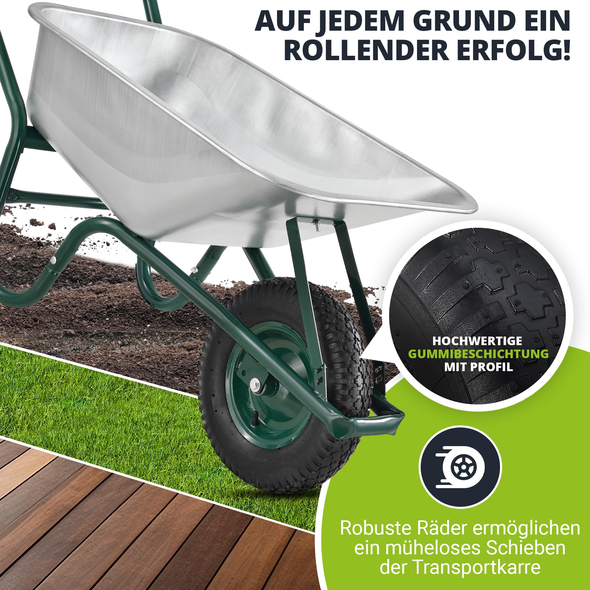 Juskys Schubkarre 100L, 210 kg – mit verzinkter Wanne, Luftreifen & Metall Felge, stabile Garten Schubkarre & Schiebkarre – Transportkarre Garden Silber