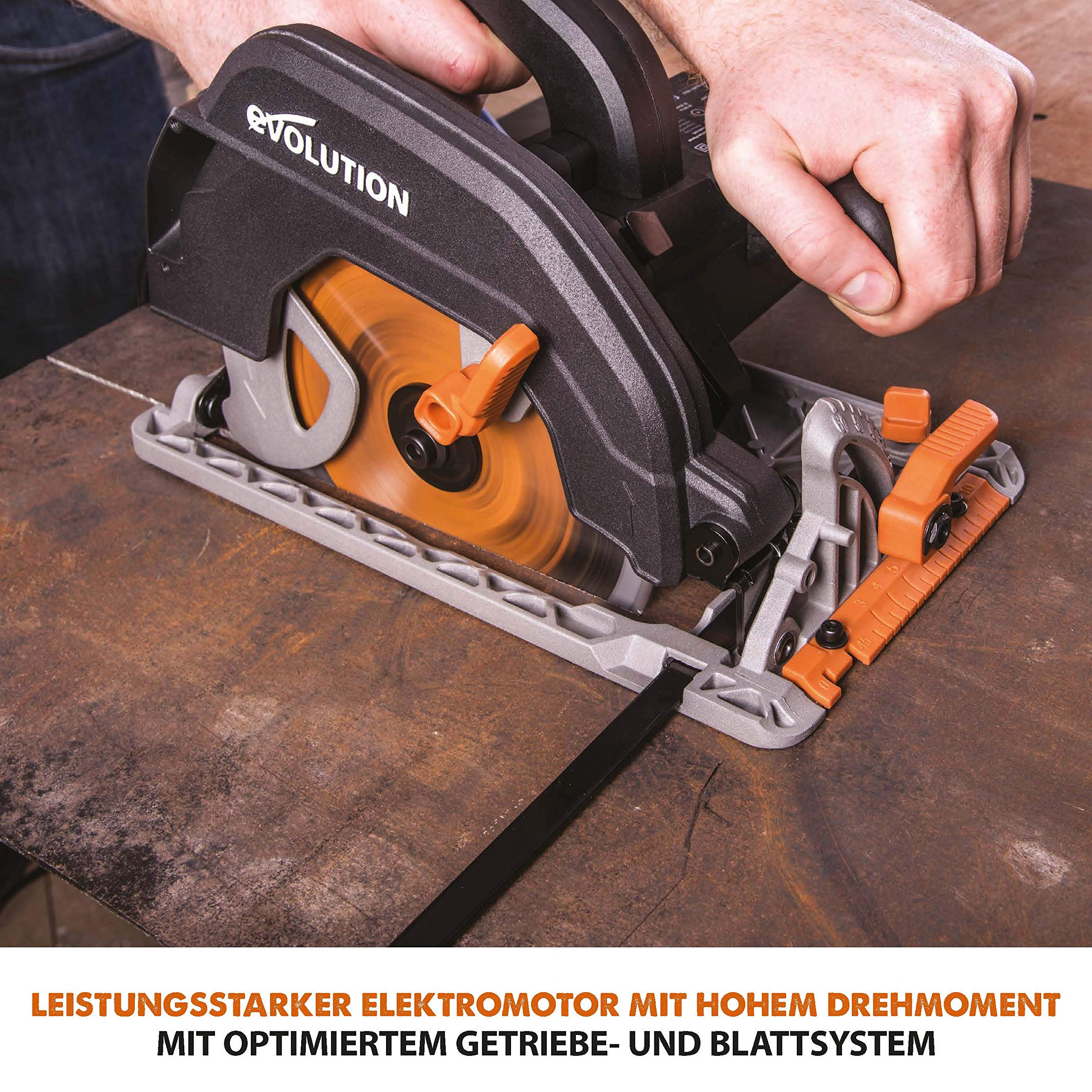 Evolution Handkreissäge R185CCSX Kreissäge Tauchsäge 1600W Inkl. Ø 185 mm HM-Sägeblatt Multi-Material-Schneiden Holz, Aluminium, Stahl, Kunststoff | Mit 3-teiliger 1020mm Mini-Schiene Führungsschiene