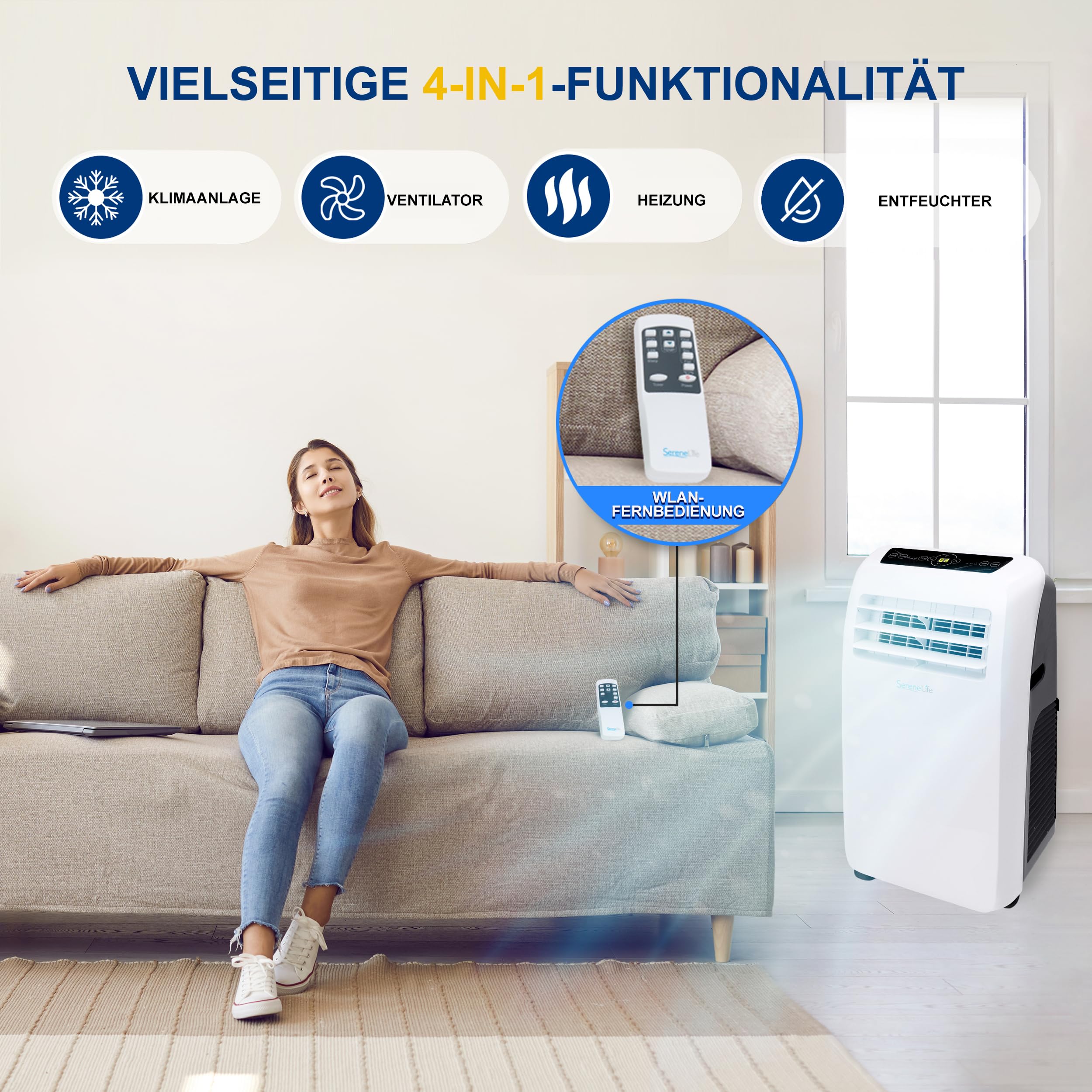 SereneLife Klimaanlage mobil 4-in-1: Luftkühler, Ventilator, Luftentfeuchter + Heizung – Tragbares Klimagerät mit Abluftschlauch, Fernbedienung & Kit für Räume bis 42 m² – Fenster-Montage 9,000 BTU