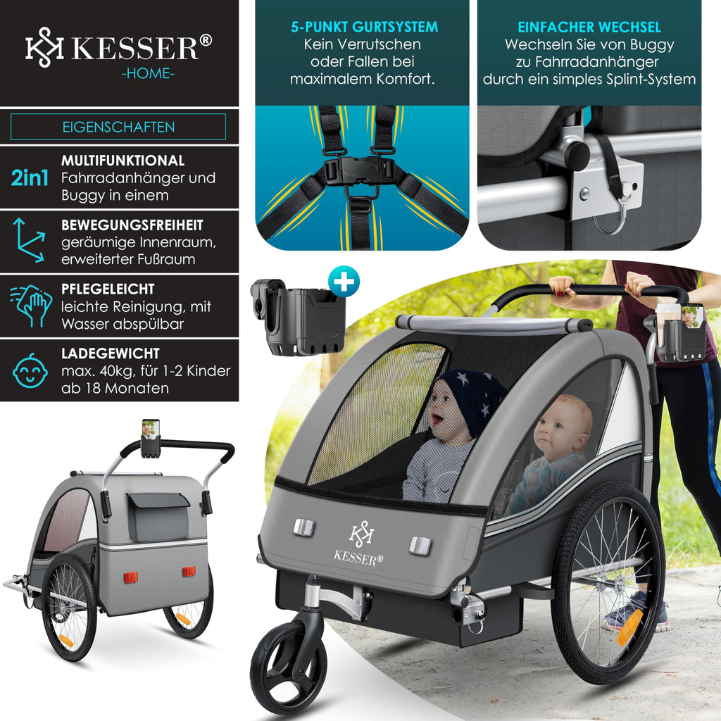 KESSER® Kinderfahrradanhänger Sport-RX 2in1 Jogger & Buggy 5-Punkt-Gurt Sicherheitsgurt 360° Vorderrad Kinderfahrradanhänger Reflektoren für 1-2 Kinder (max. 40 kg) Getränkehalter & Smartphonefach