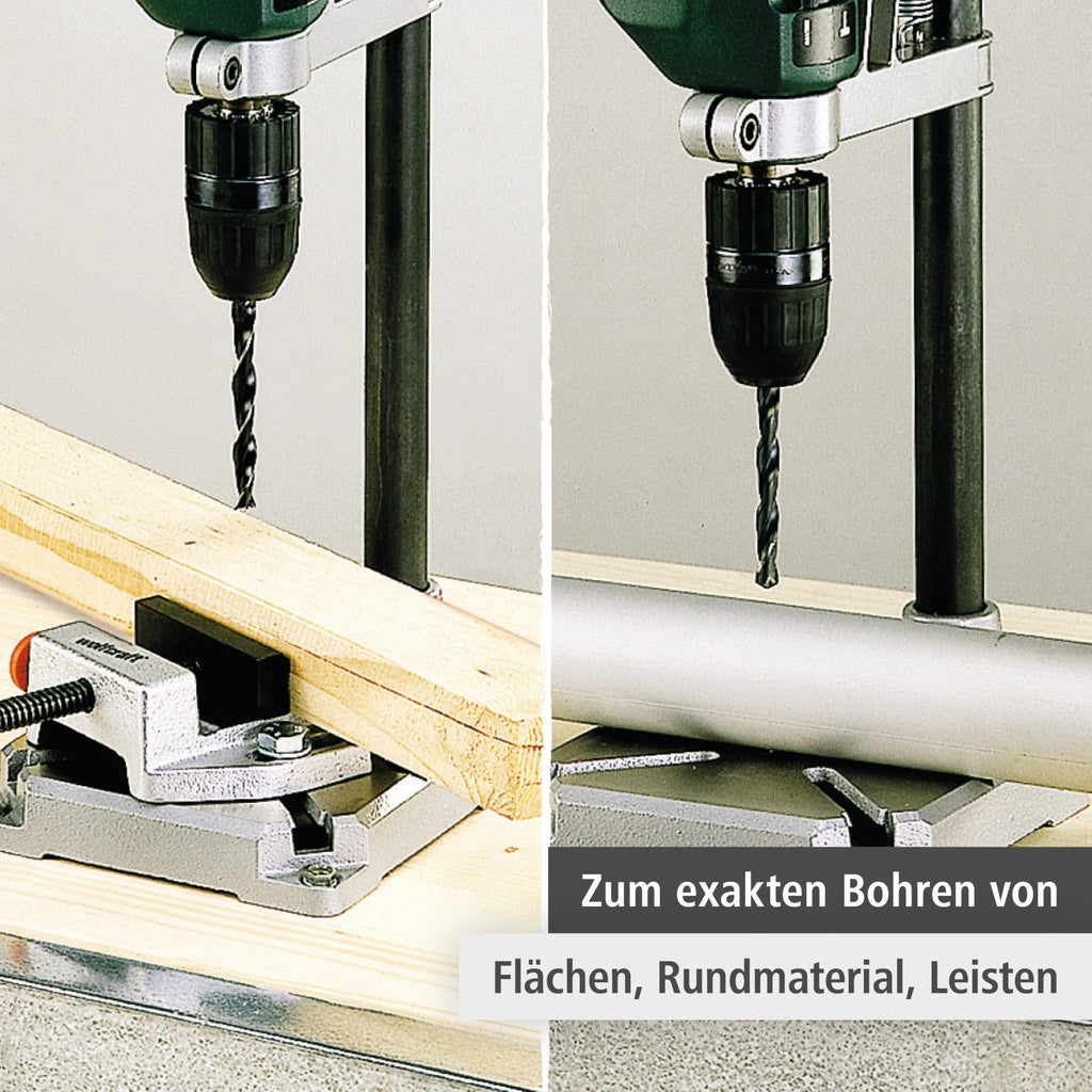 wolfcraft Bohrständer mit Schraubstock - 3406301 - praktisches Set zum exakten Bohren von Flächen, Rundmaterial, Leisten