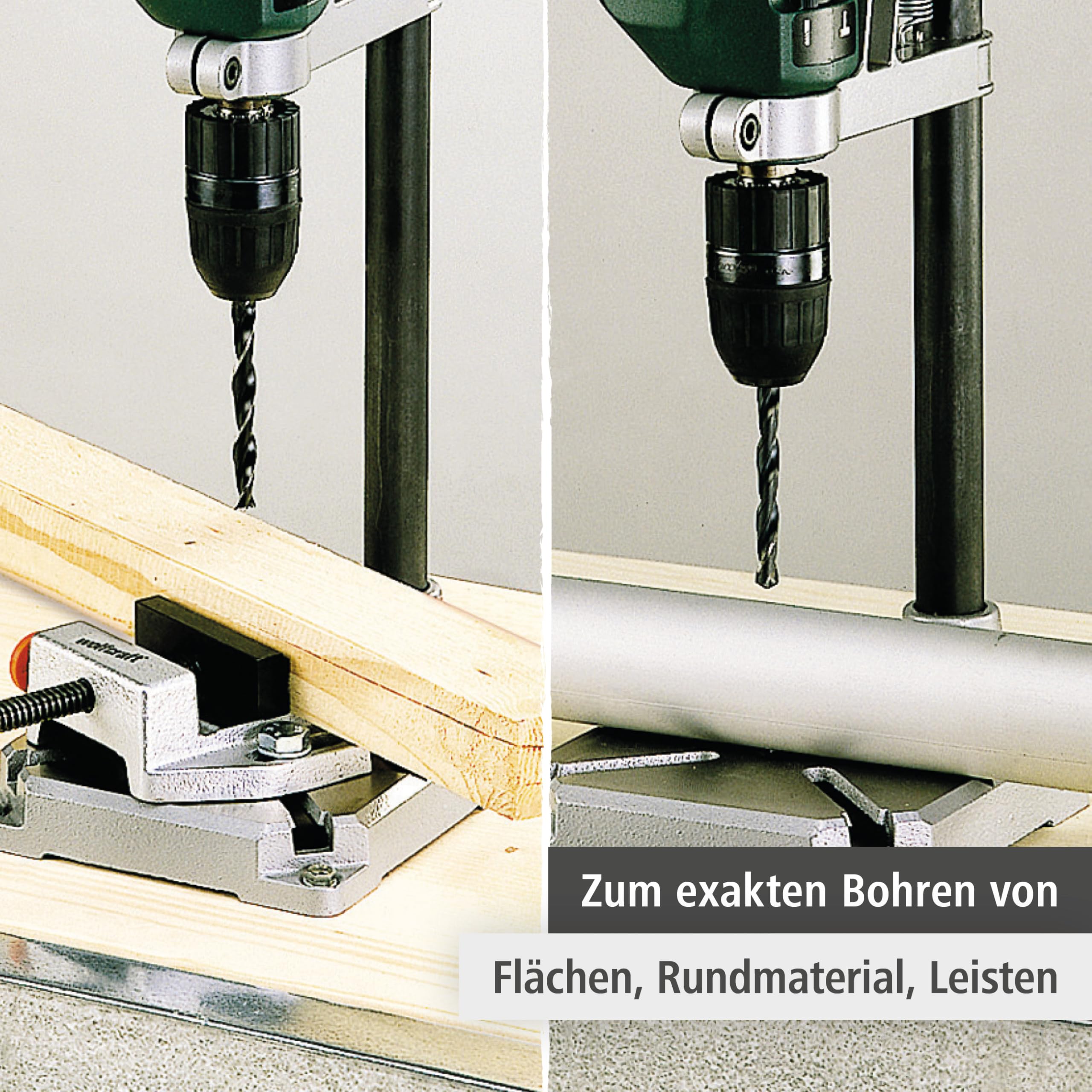 wolfcraft Bohrständer mit Schraubstock - 3406301 - praktisches Set zum exakten Bohren von Flächen, Rundmaterial, Leisten