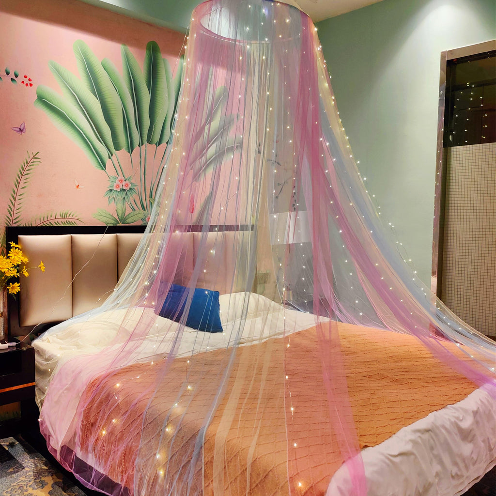 Eimilaly Prinzessin Betthimmel mit 250pcs Warm White Curtain Lichter, Regenbogen Betthimmel für Mädchen Zimmer Dekoration, 30D verschlüsselten Stoff